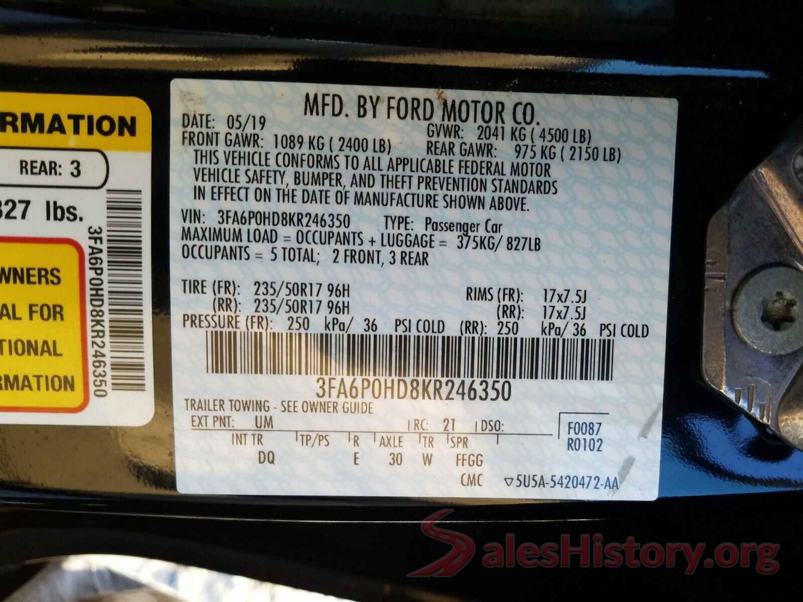 3FA6P0HD8KR246350 2019 FORD FUSION