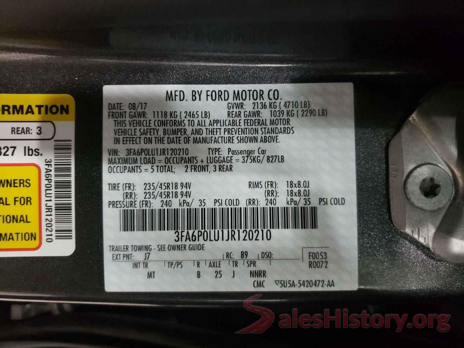 3FA6P0LU1JR120210 2018 FORD FUSION