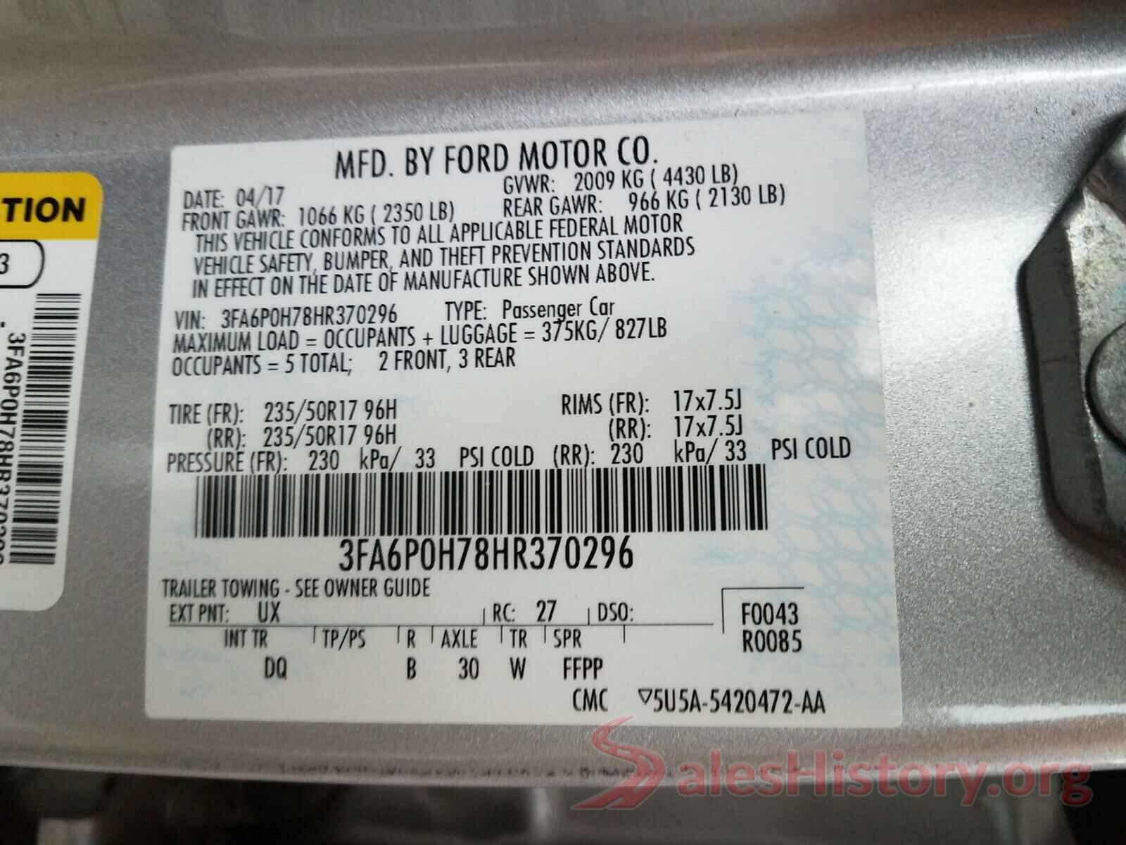 3FA6P0H78HR370296 2017 FORD FUSION