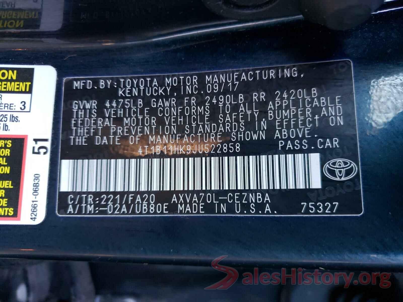 4T1B11HK9JU522858 2018 TOYOTA CAMRY