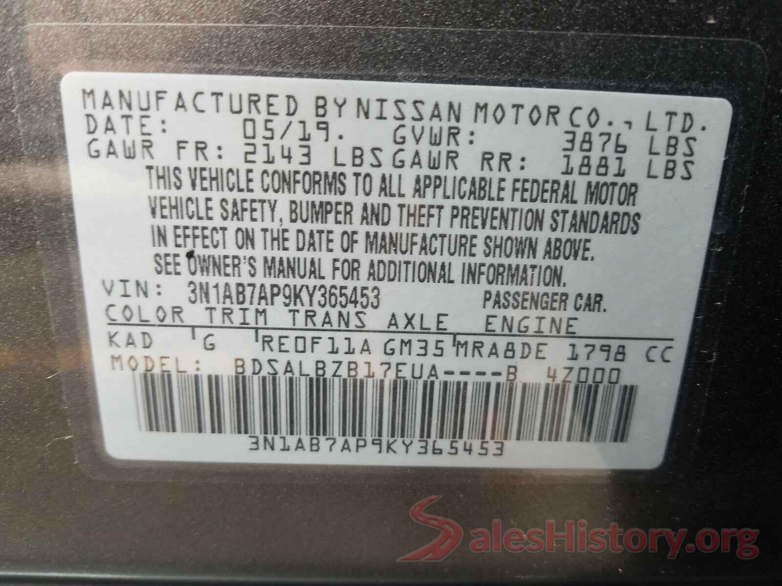 3N1AB7AP9KY365453 2019 NISSAN SENTRA