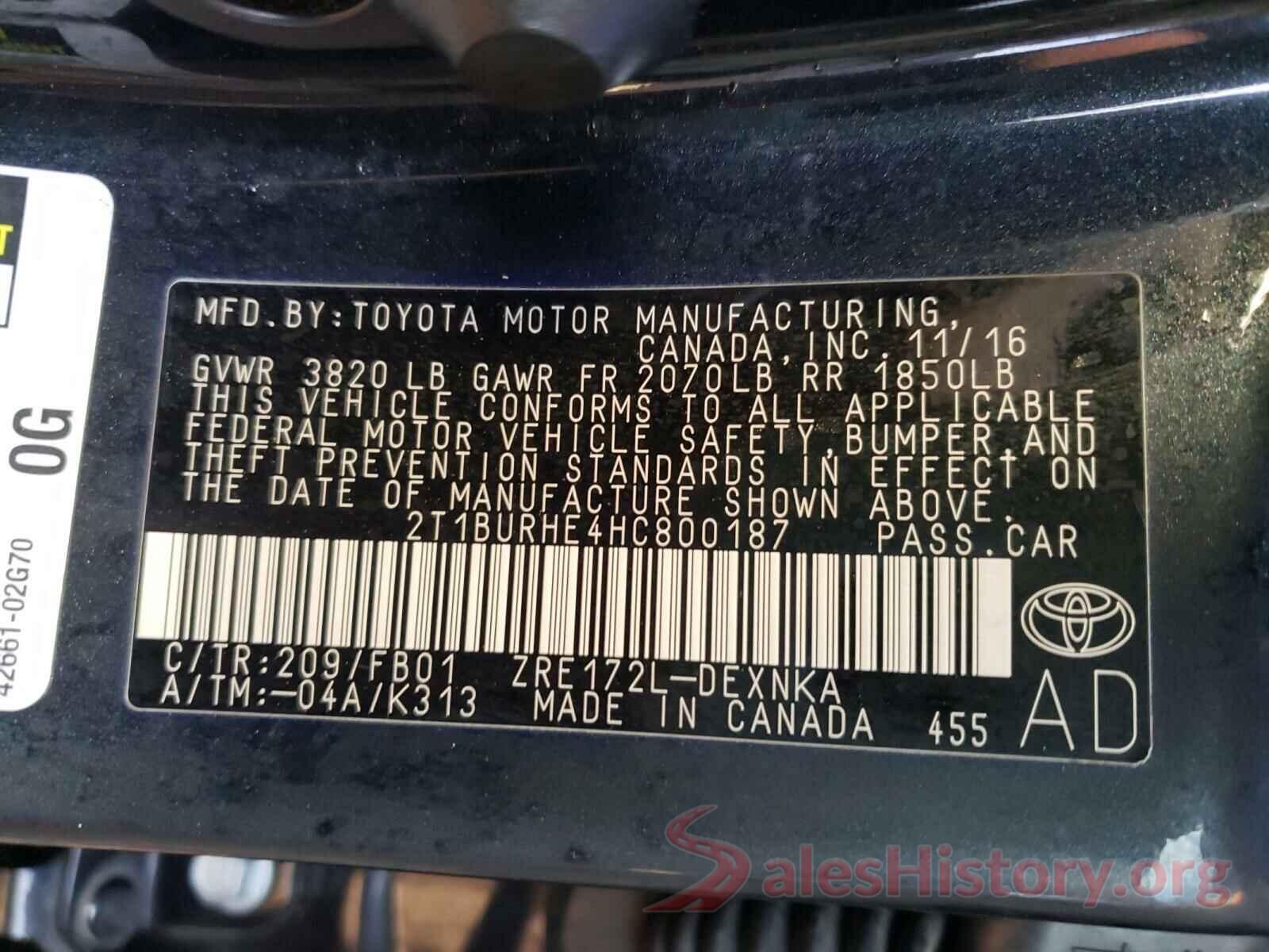 2T1BURHE4HC800187 2017 TOYOTA COROLLA