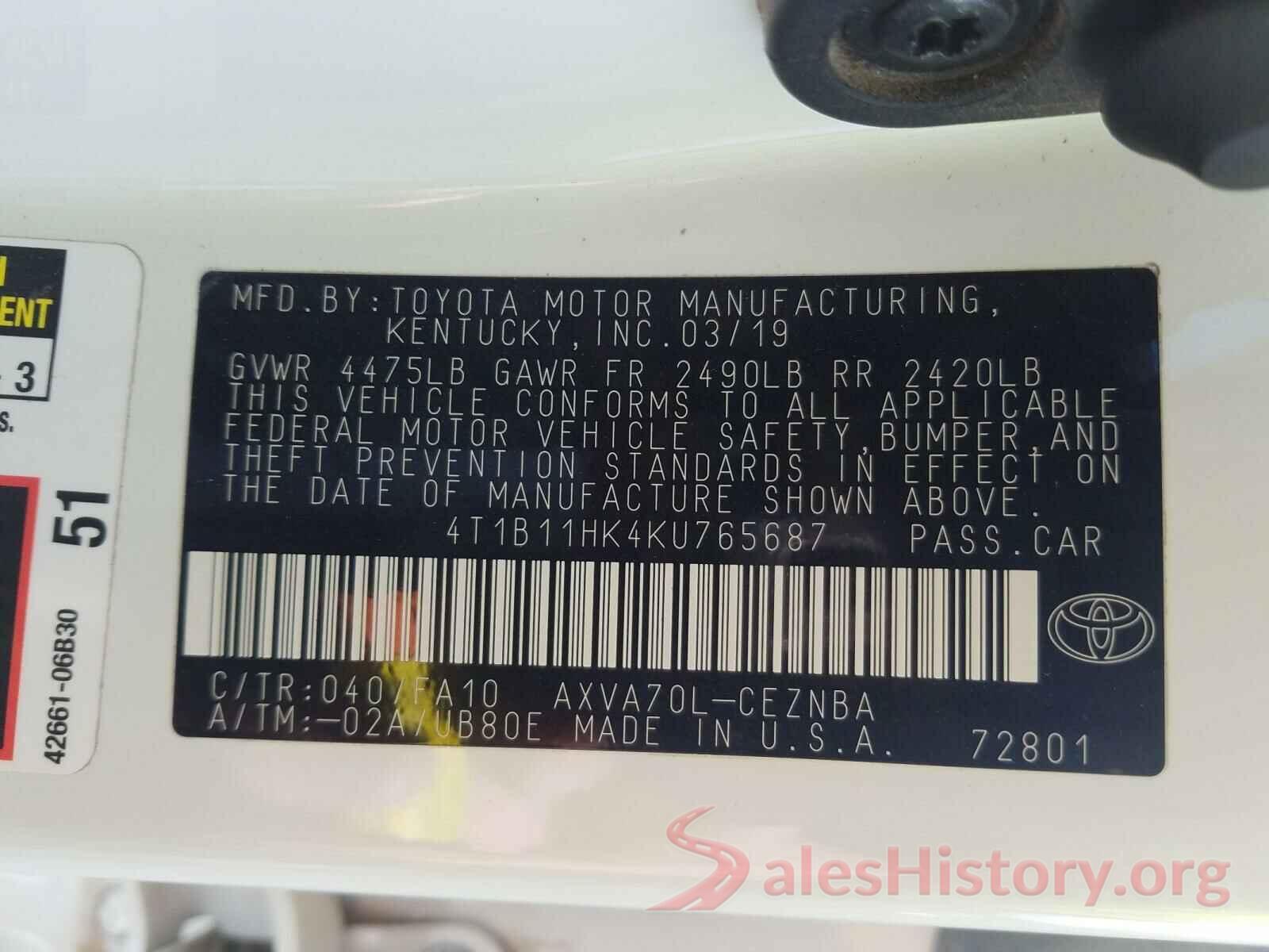 4T1B11HK4KU765687 2019 TOYOTA CAMRY