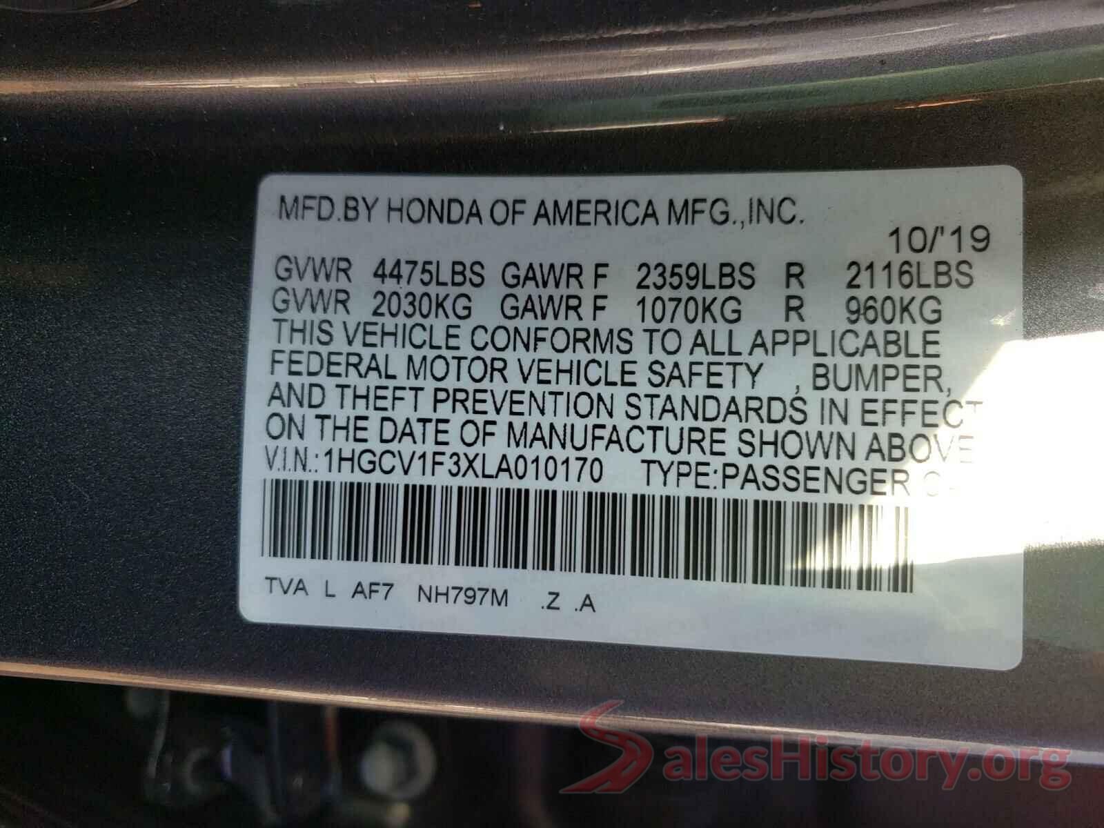 1HGCV1F3XLA010170 2020 HONDA ACCORD