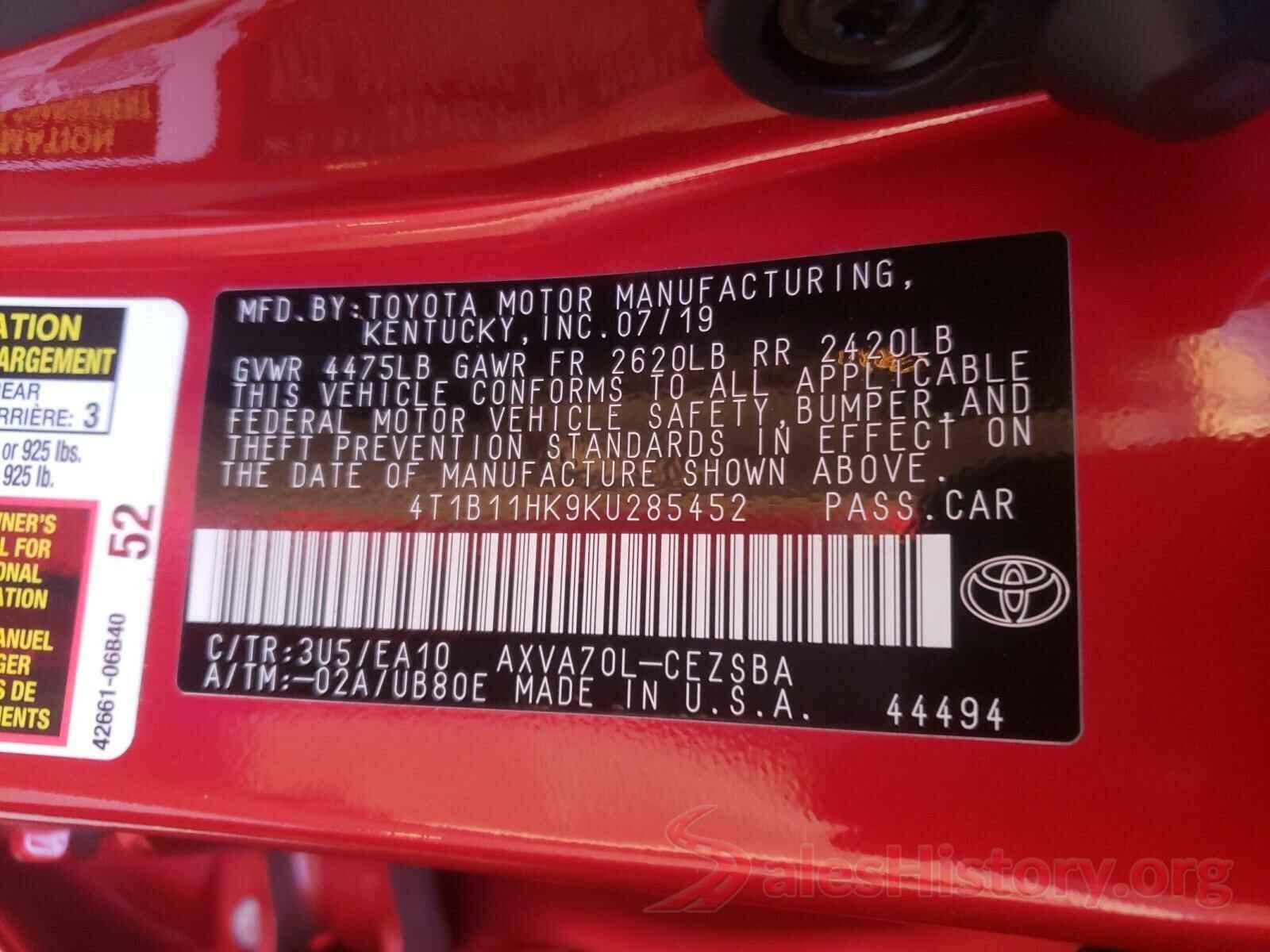 4T1B11HK9KU285452 2019 TOYOTA CAMRY