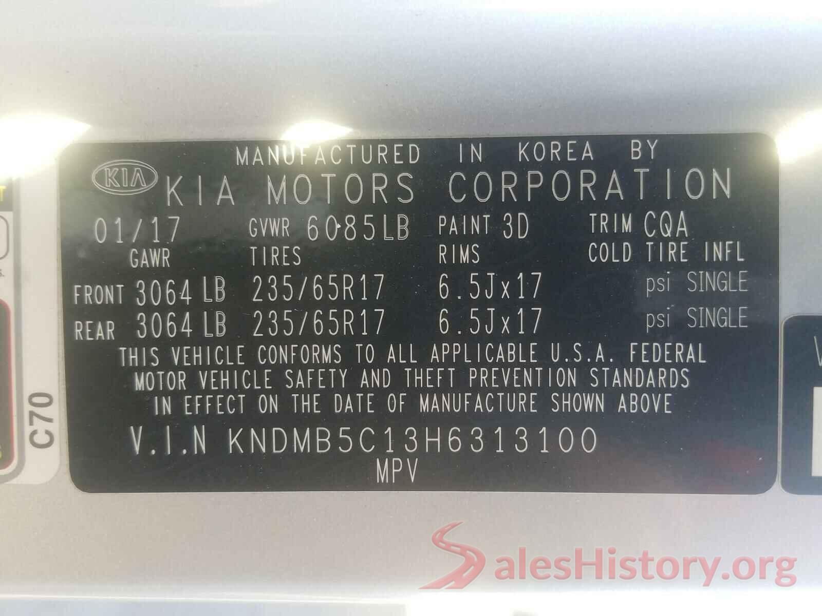 KNDMB5C13H6313100 2017 KIA SEDONA