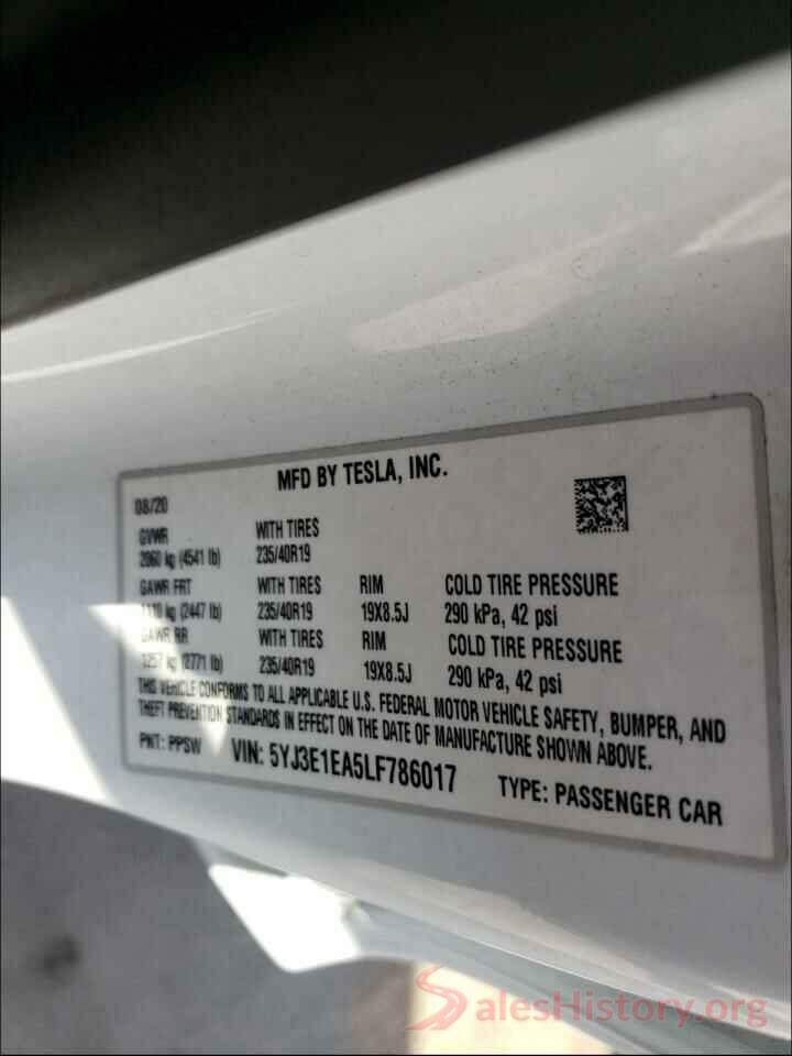 5YJ3E1EA5LF786017 2020 TESLA MODEL 3