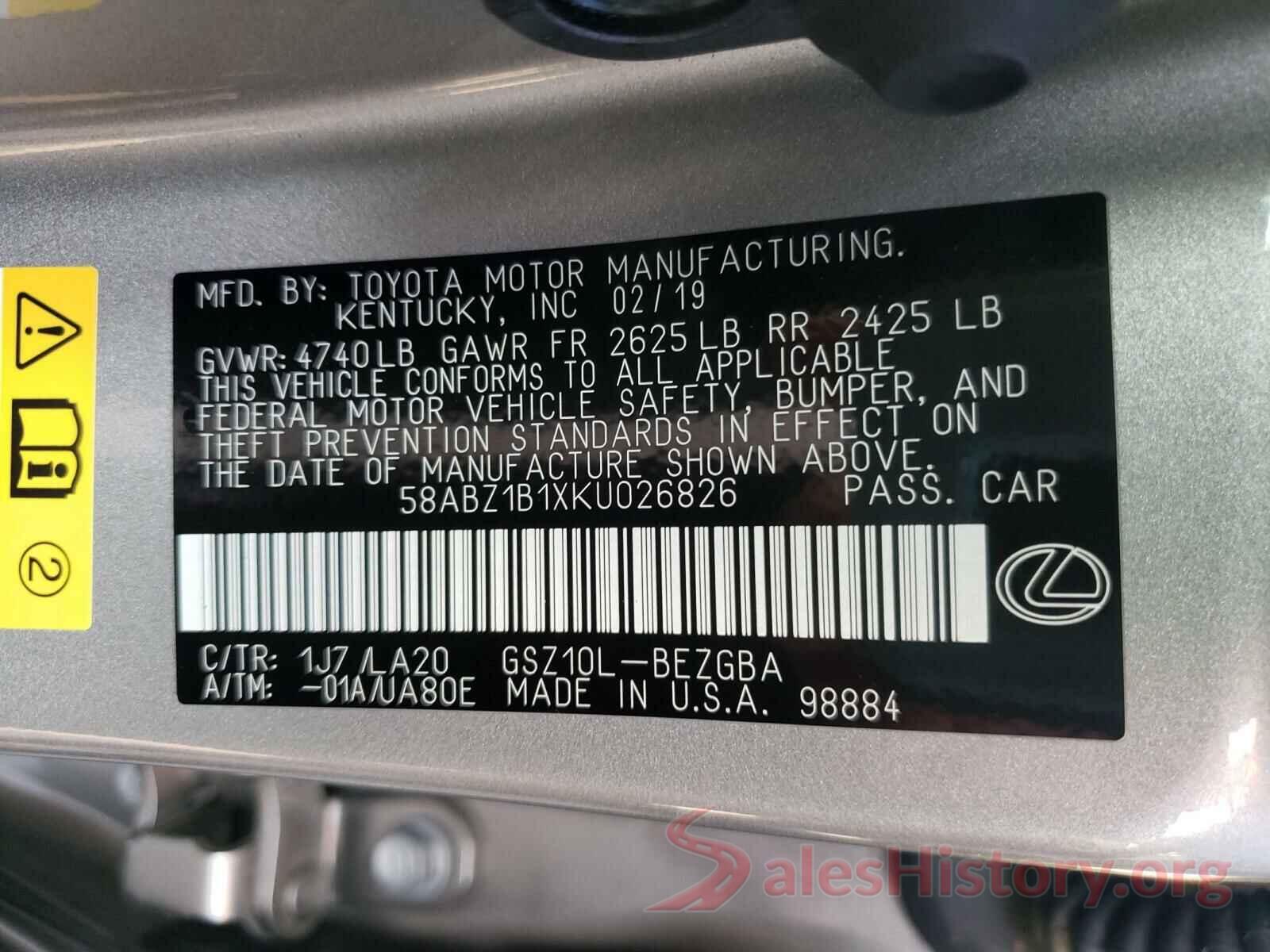 58ABZ1B1XKU026826 2019 LEXUS ES350