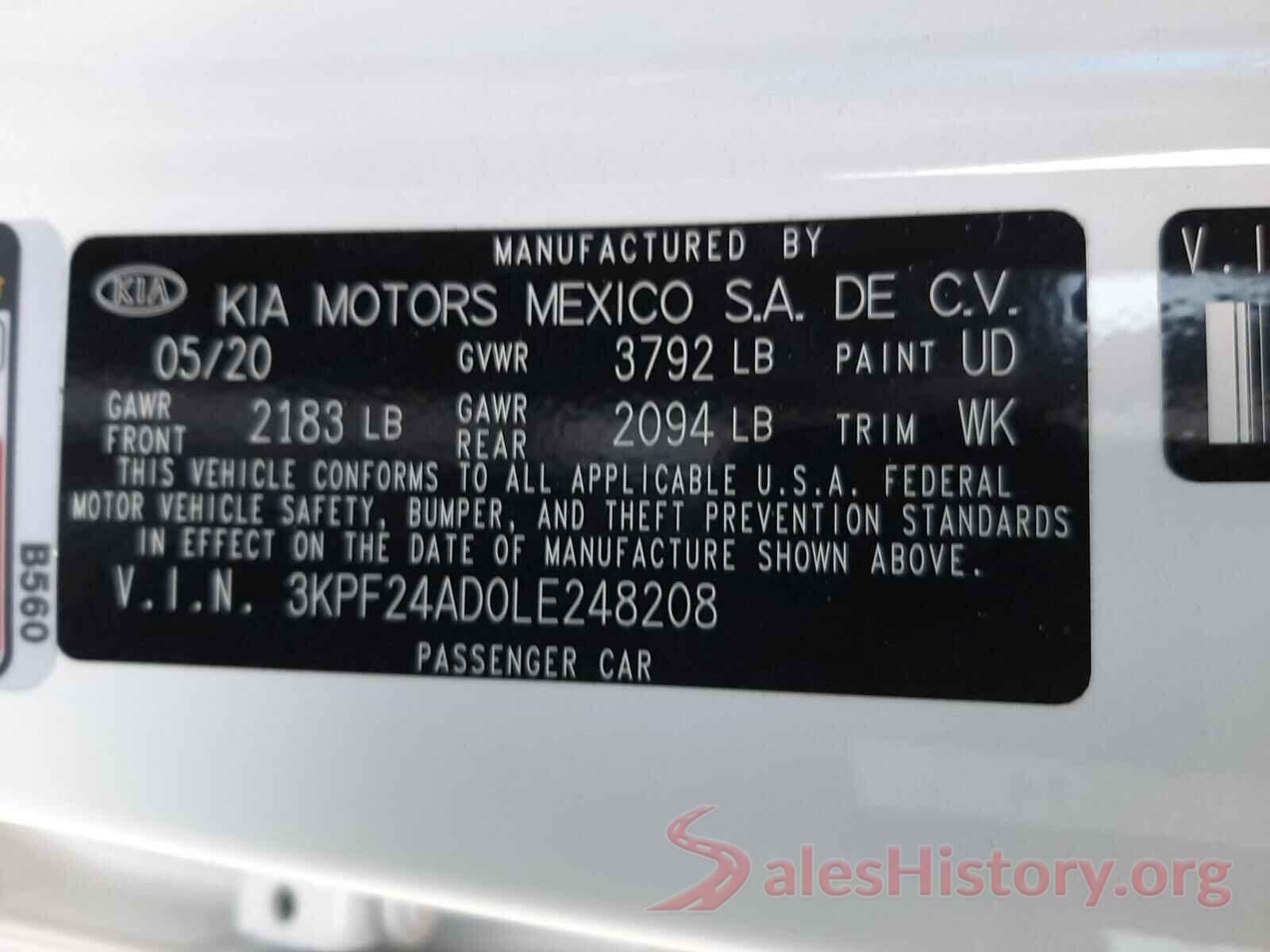 3KPF24AD0LE248208 2020 KIA FORTE