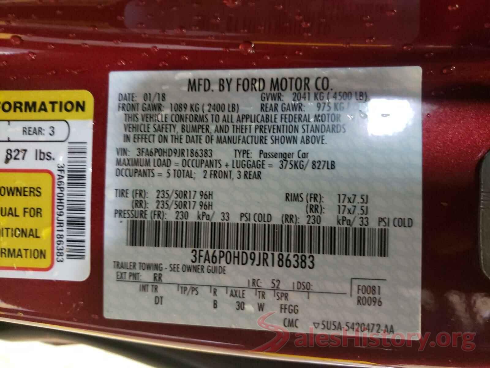 3FA6P0HD9JR186383 2018 FORD FUSION