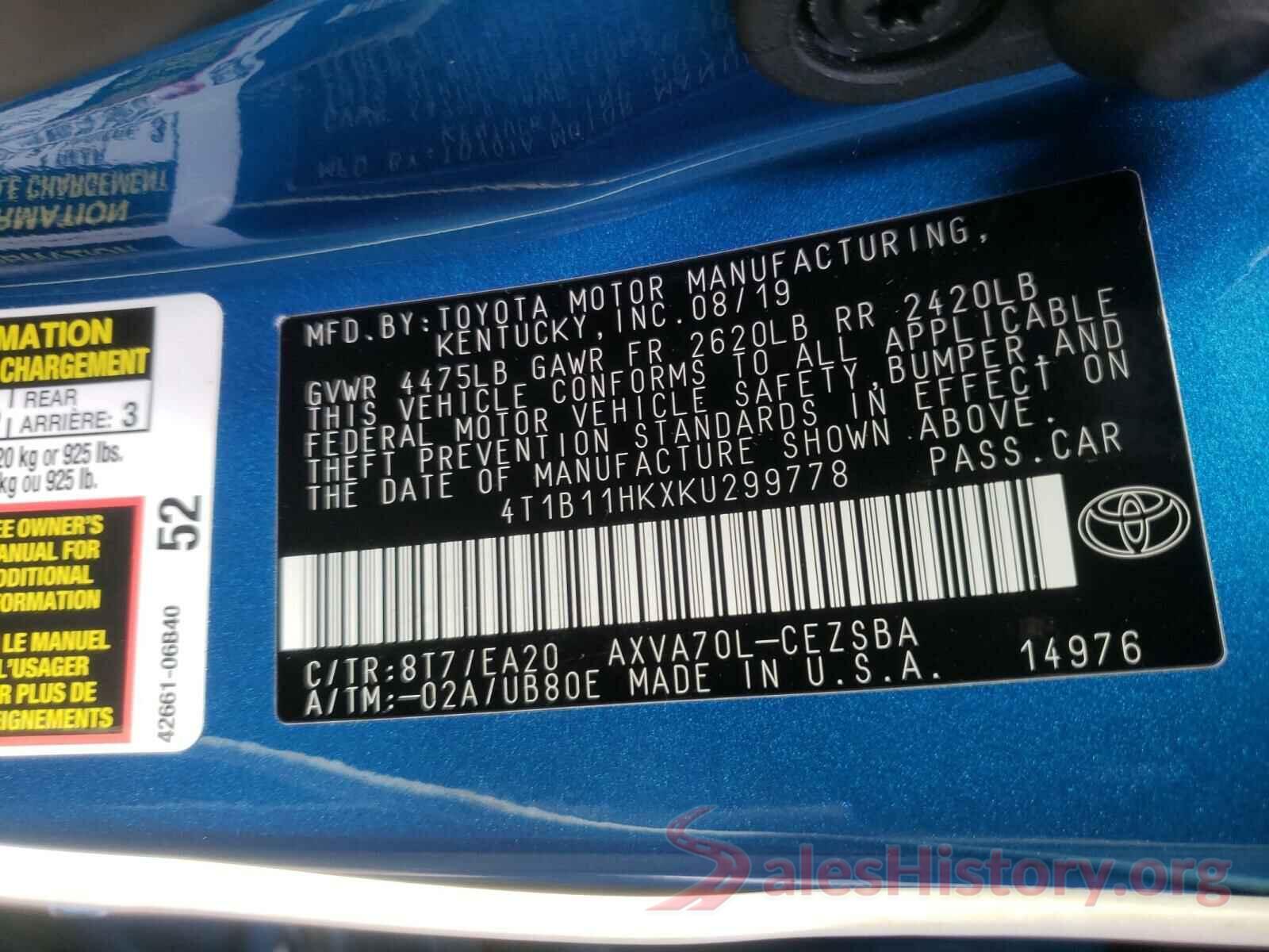 4T1B11HKXKU299778 2019 TOYOTA CAMRY