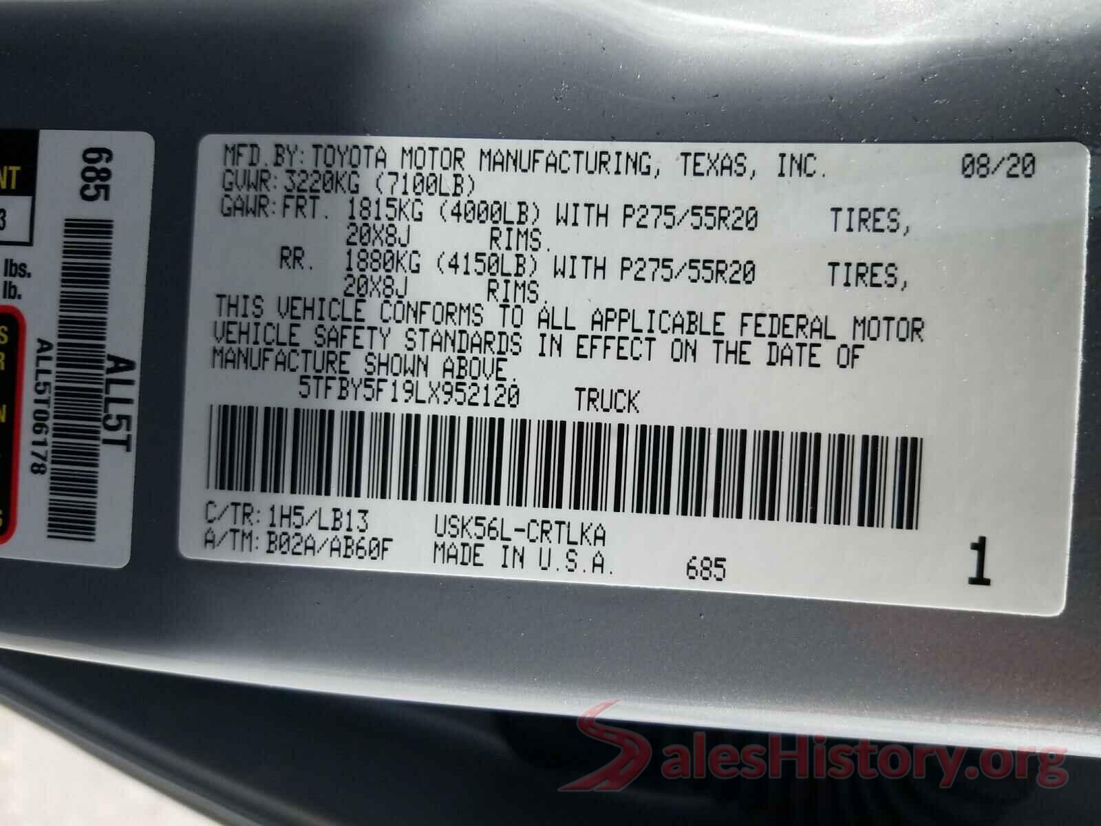 5TFBY5F19LX952120 2020 TOYOTA TUNDRA