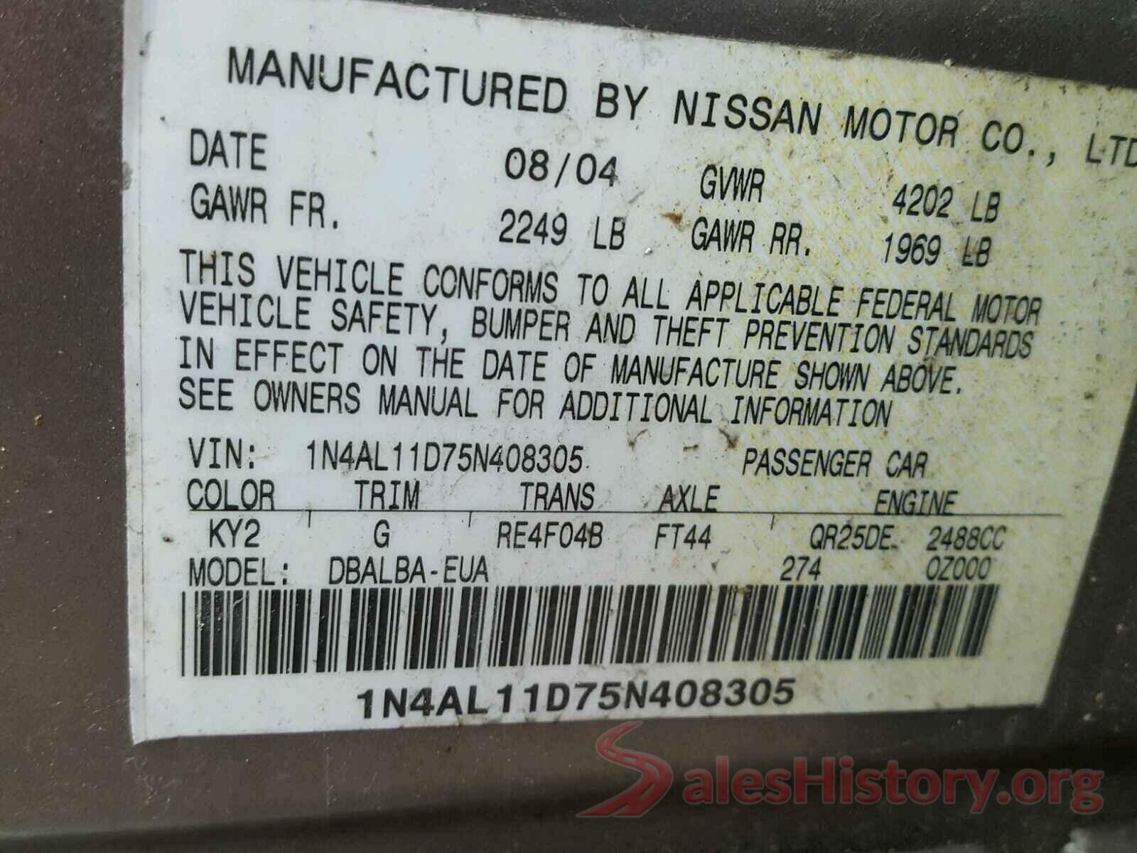 2T3BFREV3GW430840 2005 NISSAN ALTIMA S