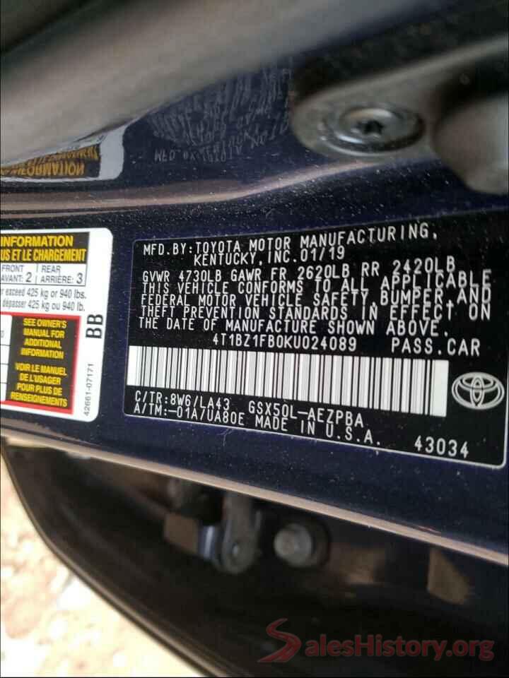 4T1BZ1FB0KU024089 2019 TOYOTA AVALON