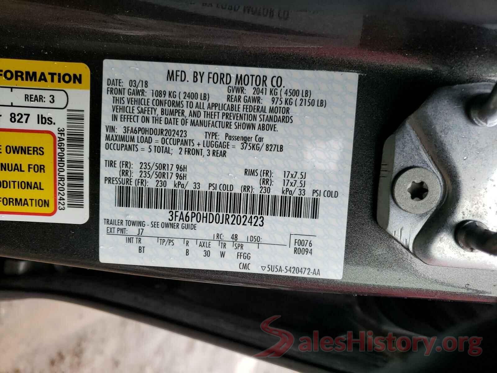 3FA6P0HD0JR202423 2018 FORD FUSION