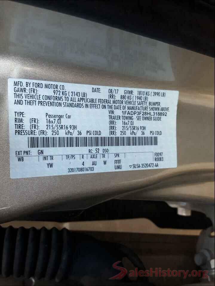 1FADP3F28HL318892 2017 FORD FOCUS