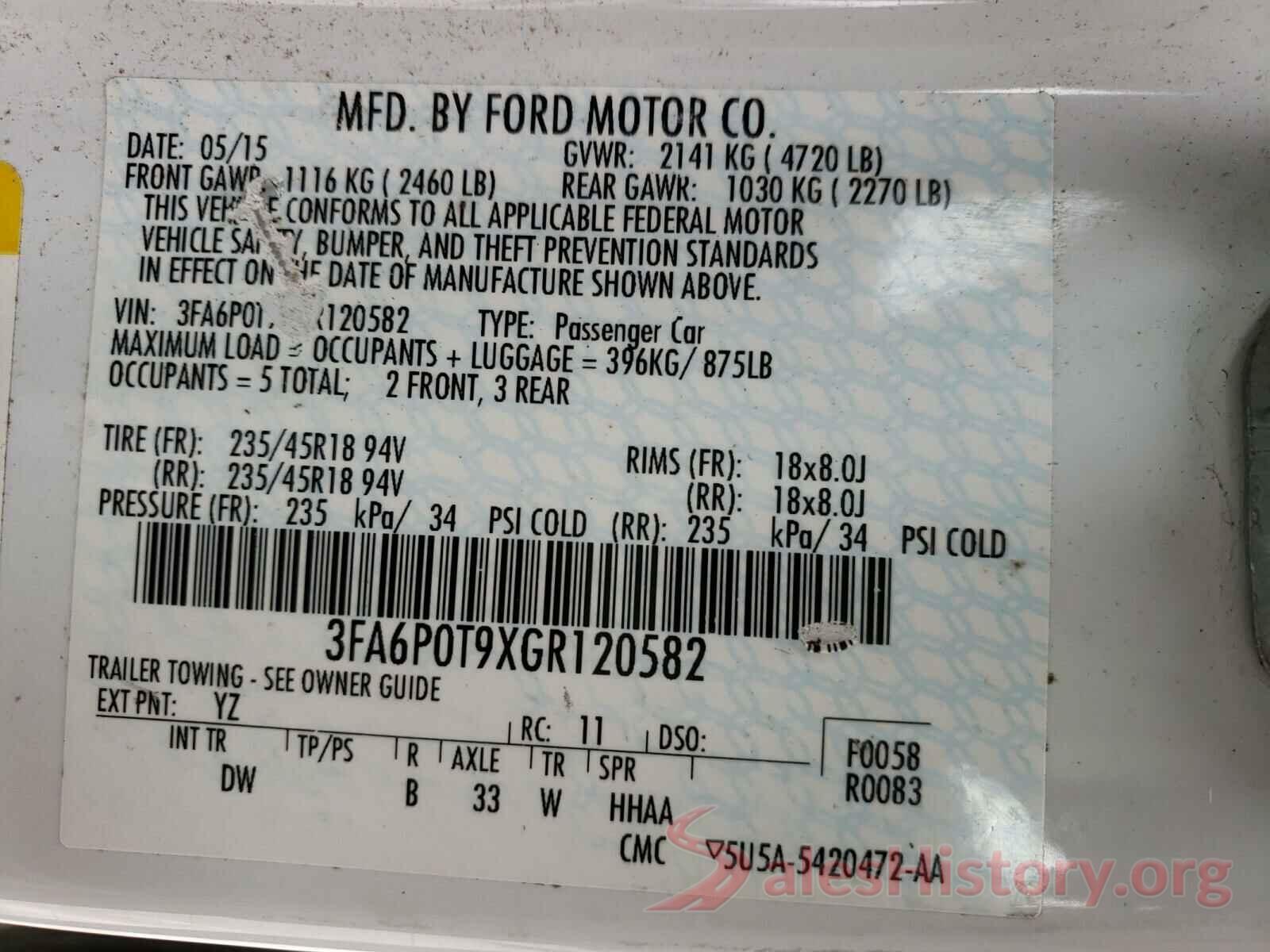 3FA6P0T9XGR120582 2016 FORD FUSION