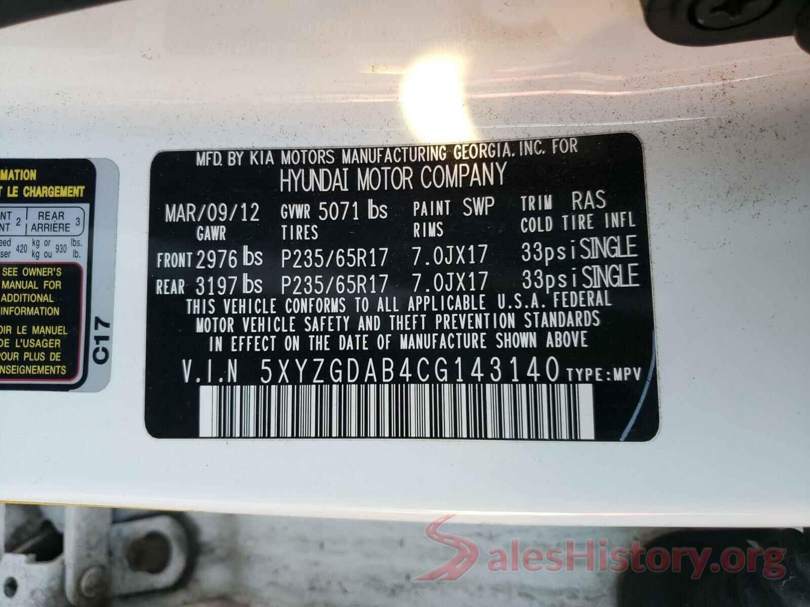 2T3DFREVXJW748468 2012 HYUNDAI SANTA FE