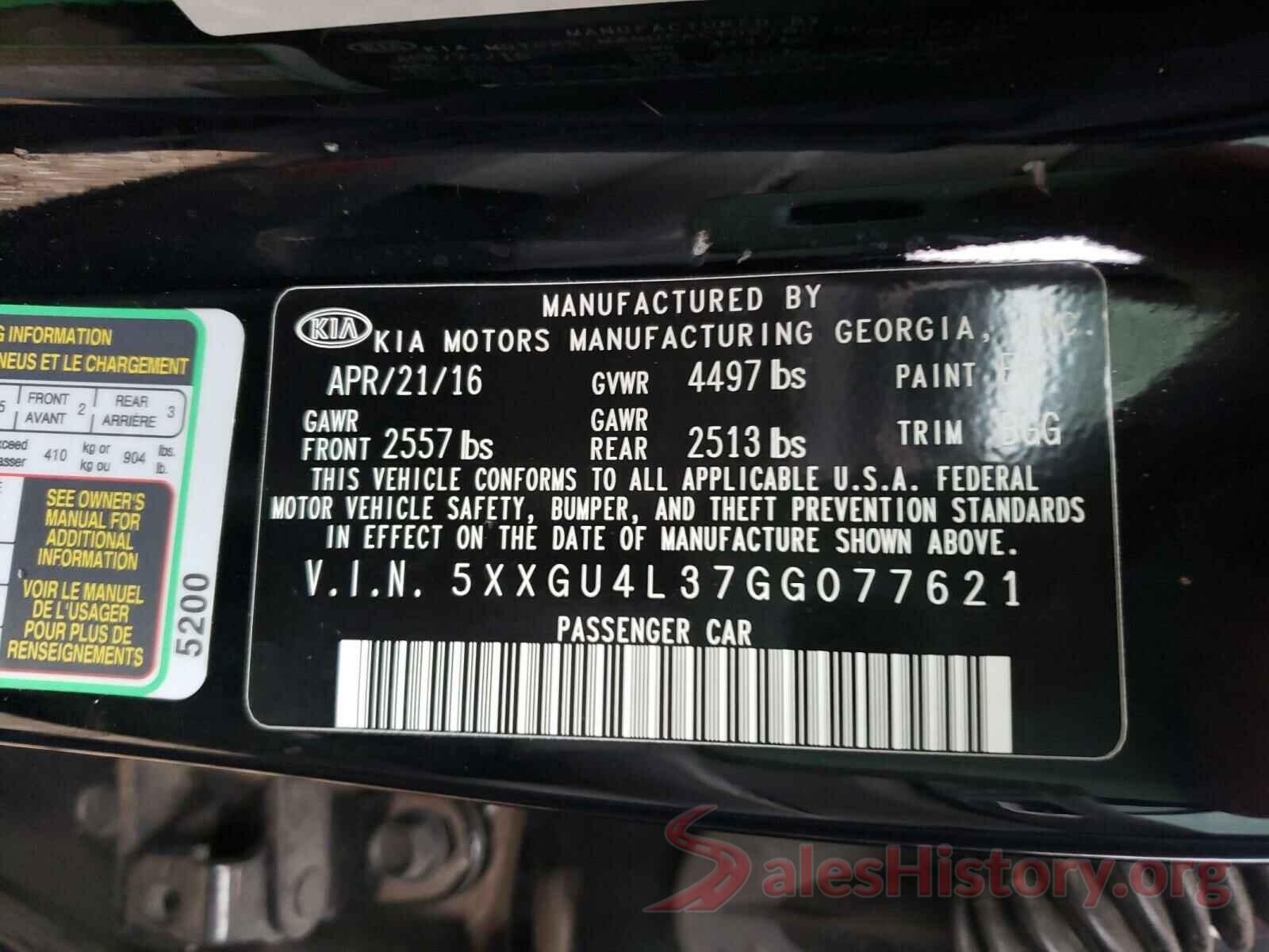 5XXGU4L37GG077621 2016 KIA OPTIMA