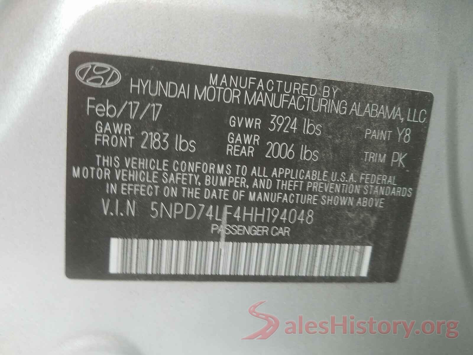 5NPD74LF4HH194048 2017 HYUNDAI ELANTRA