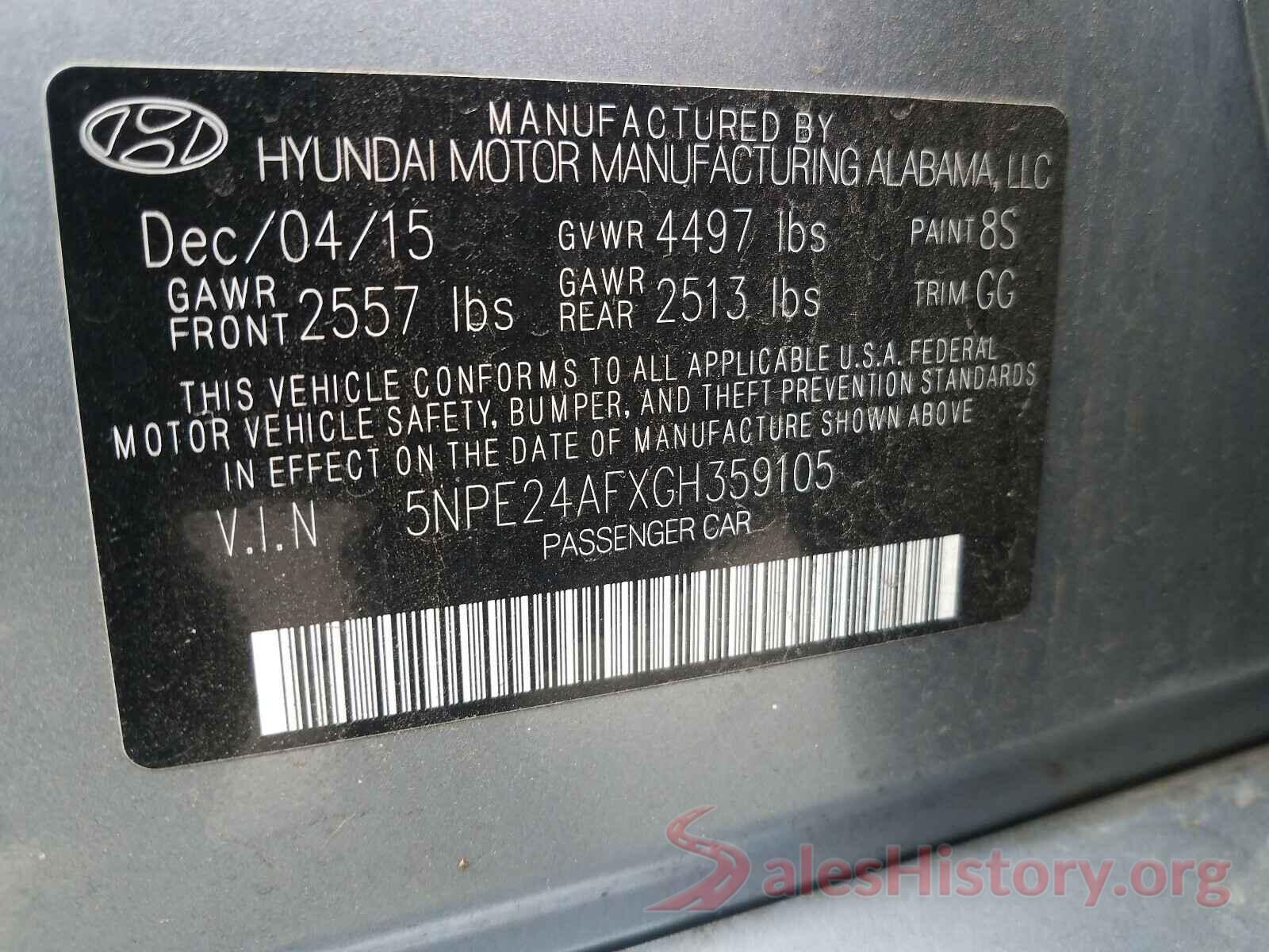 5NPE24AFXGH359105 2016 HYUNDAI SONATA