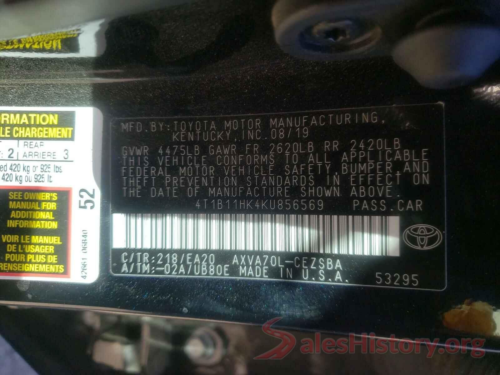 4T1B11HK4KU856569 2019 TOYOTA CAMRY