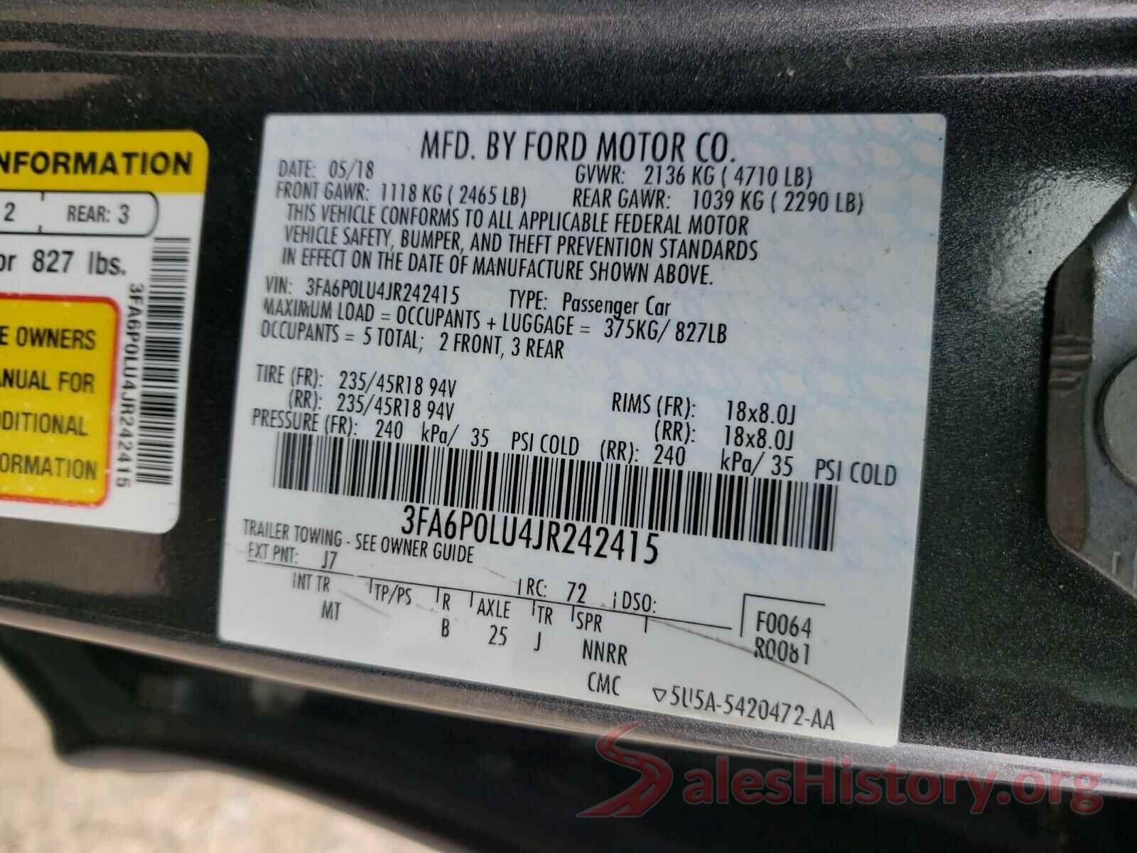 3FA6P0LU4JR242415 2018 FORD FUSION