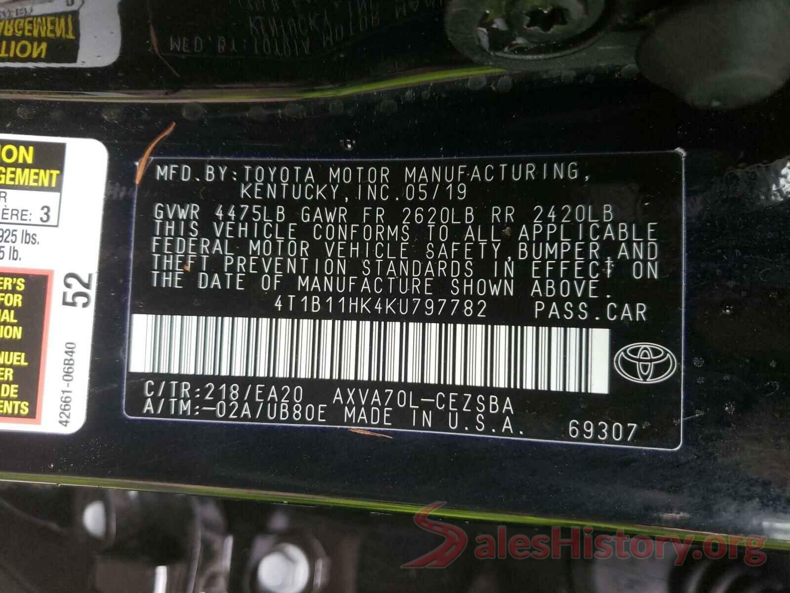 4T1B11HK4KU797782 2019 TOYOTA CAMRY