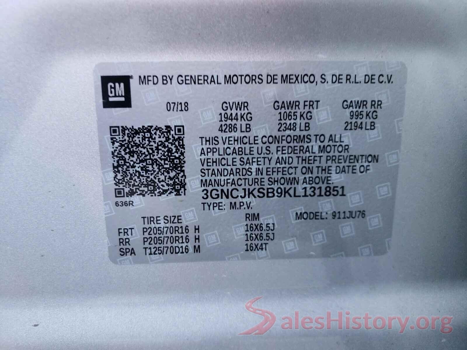 3GNCJKSB9KL131851 2019 CHEVROLET TRAX