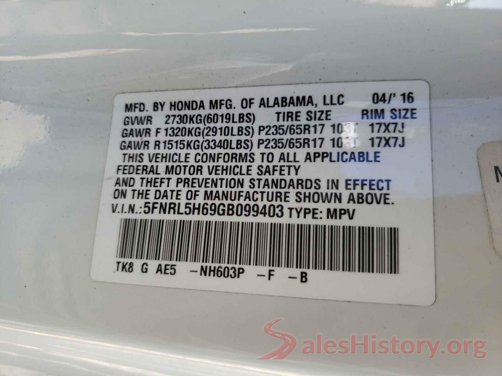 ZAM56RPA2G1186017 2016 HONDA ODYSSEY