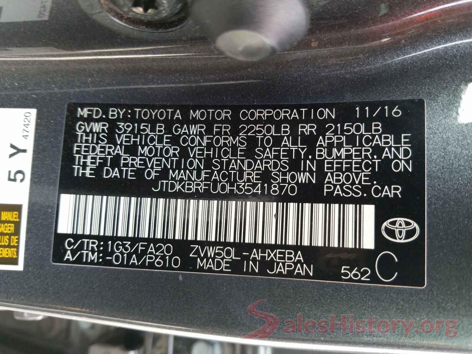 JTDKBRFU0H3541870 2017 TOYOTA PRIUS