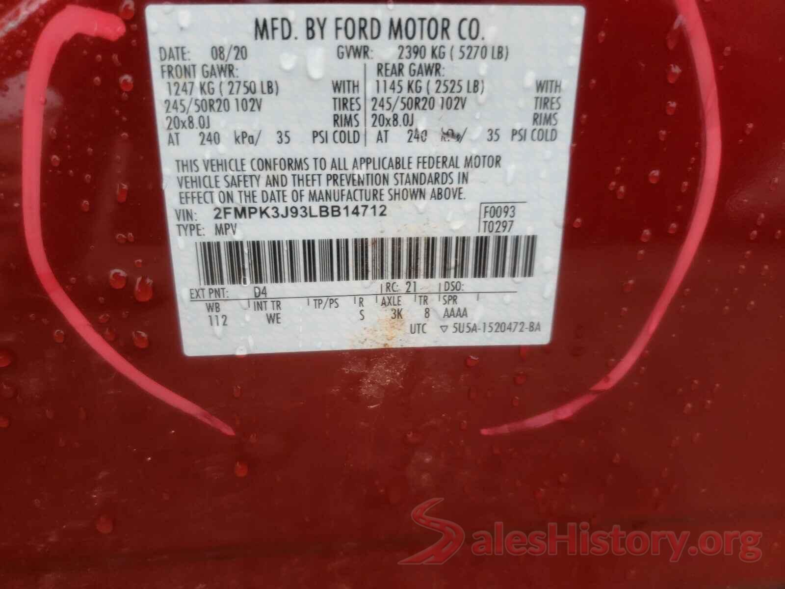 2FMPK3J93LBB14712 2020 FORD EDGE