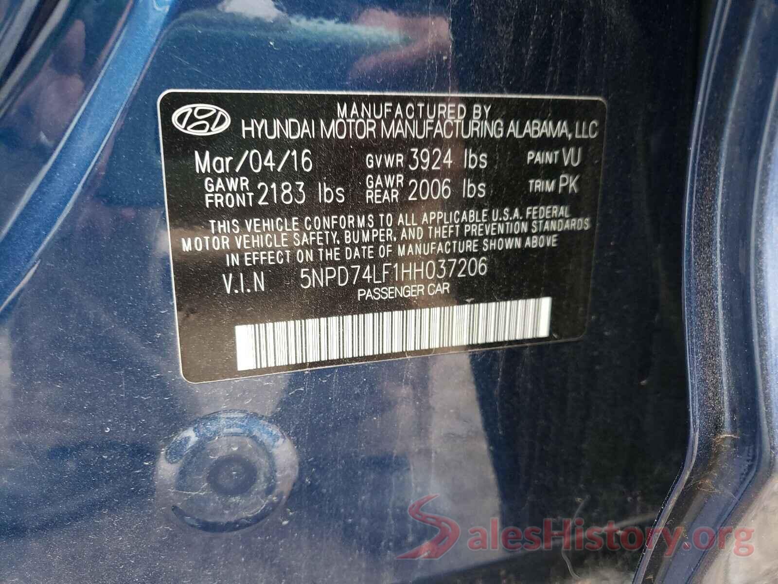 5NPD74LF1HH037206 2017 HYUNDAI ELANTRA