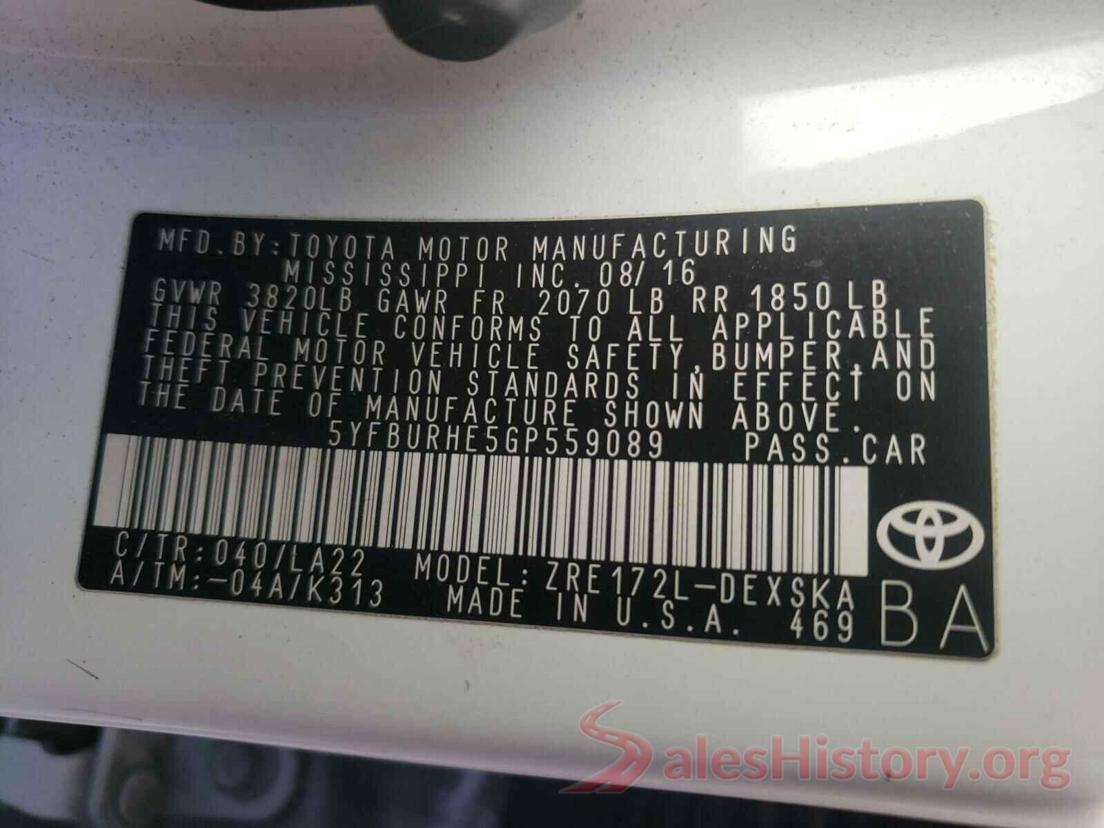 5YFBURHE5GP559089 2016 TOYOTA COROLLA