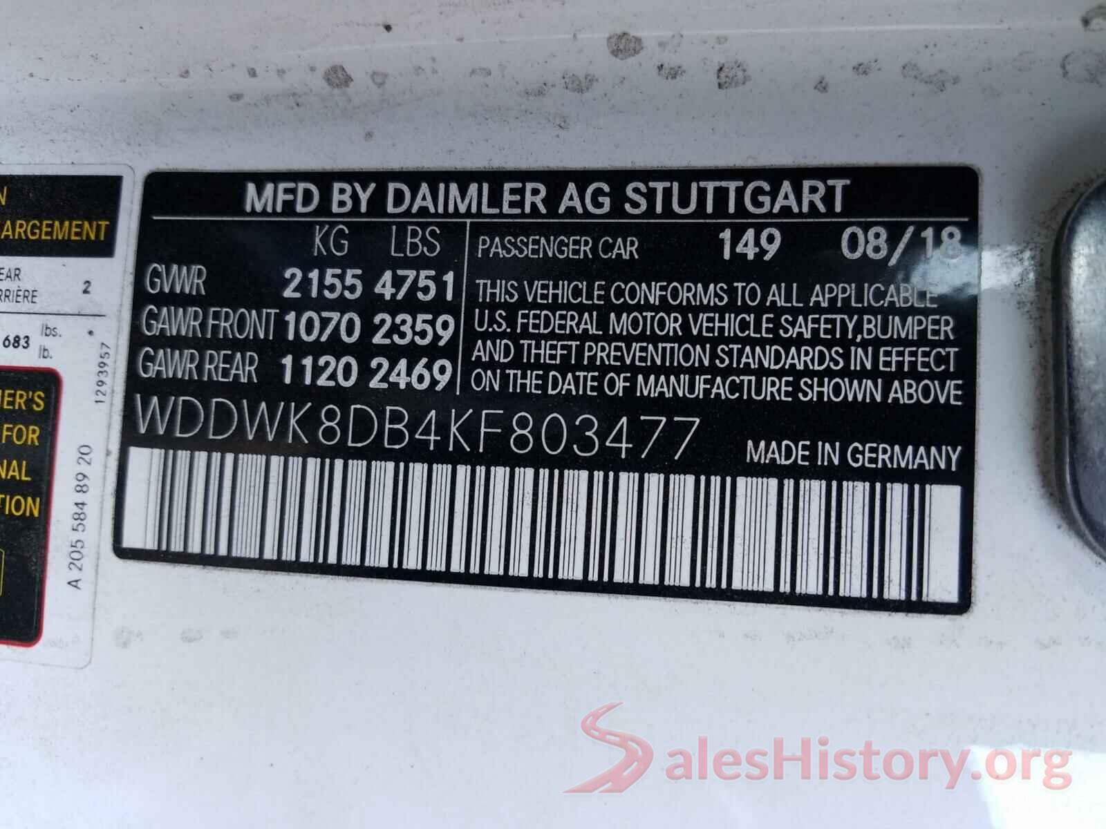 WDDWK8DB4KF803477 2019 MERCEDES-BENZ C CLASS