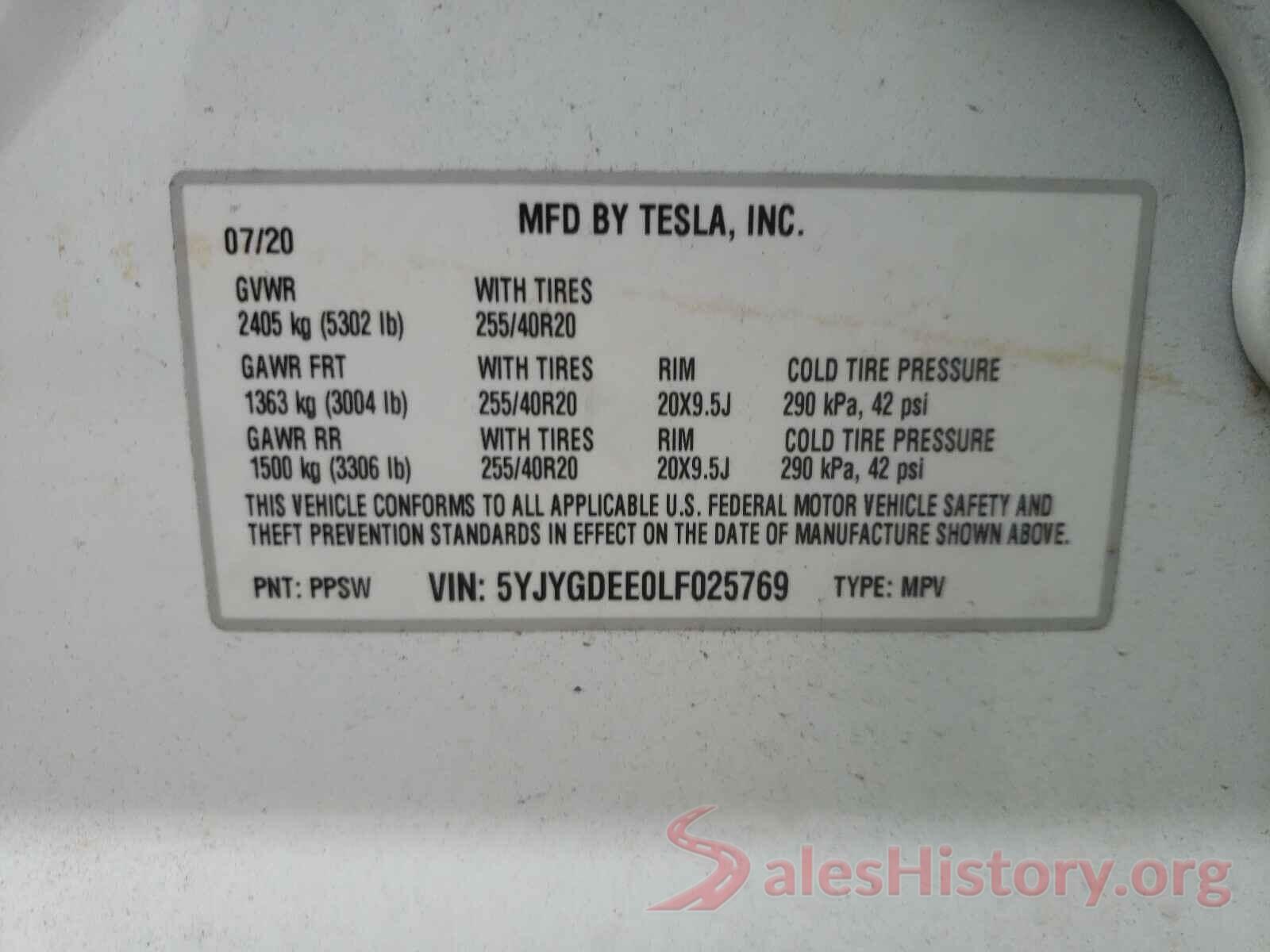 5YJYGDEE0LF025769 2020 TESLA MODEL Y