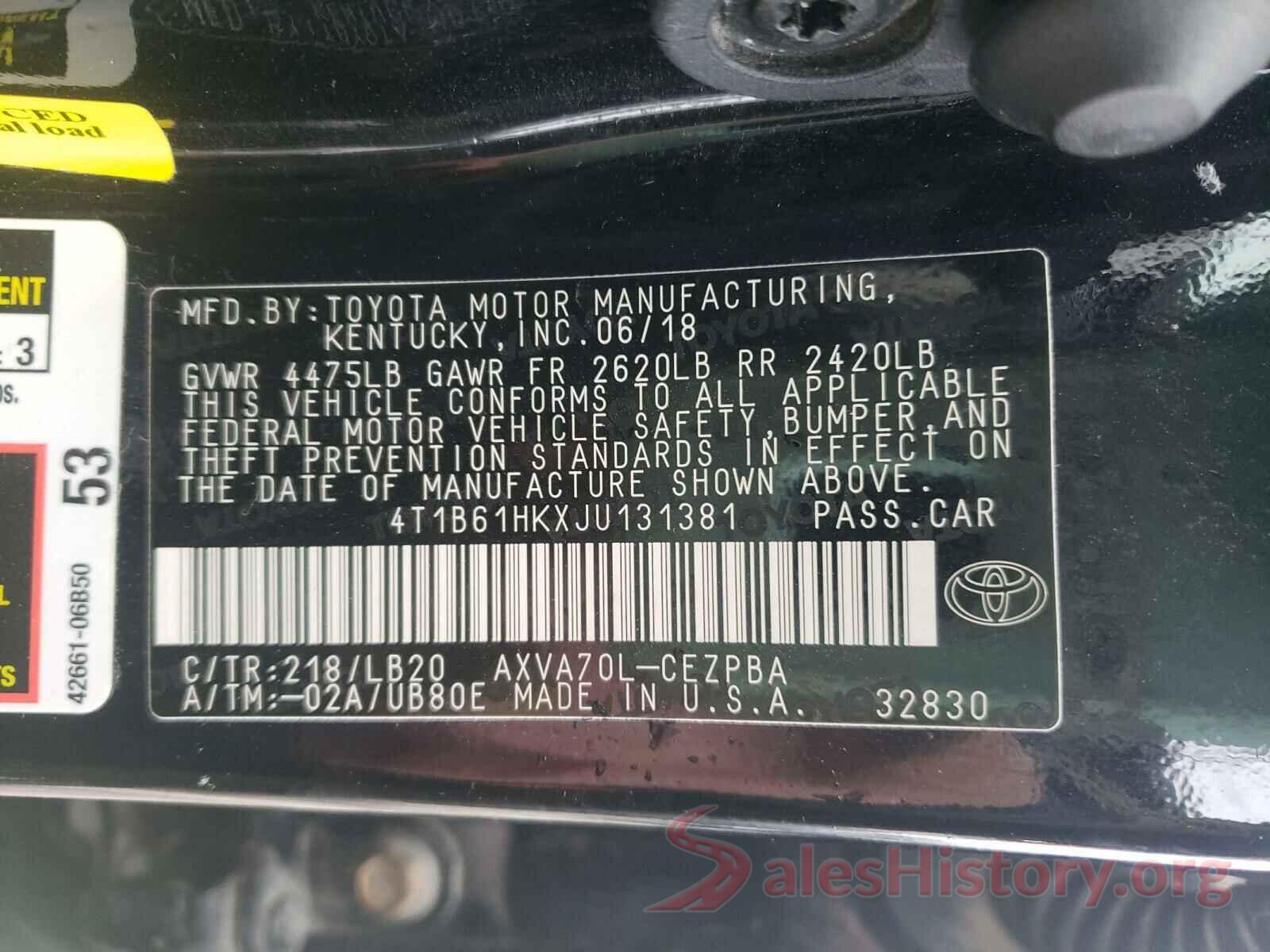 4T1B61HKXJU131381 2018 TOYOTA CAMRY