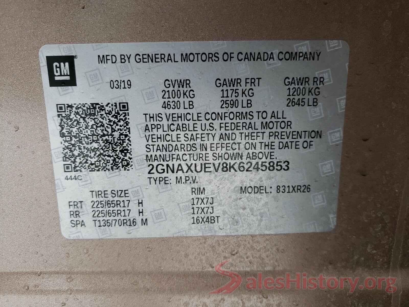 2GNAXUEV8K6245853 2019 CHEVROLET EQUINOX