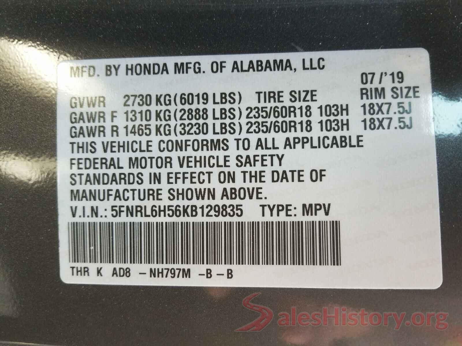 5FNRL6H56KB129835 2019 HONDA ODYSSEY