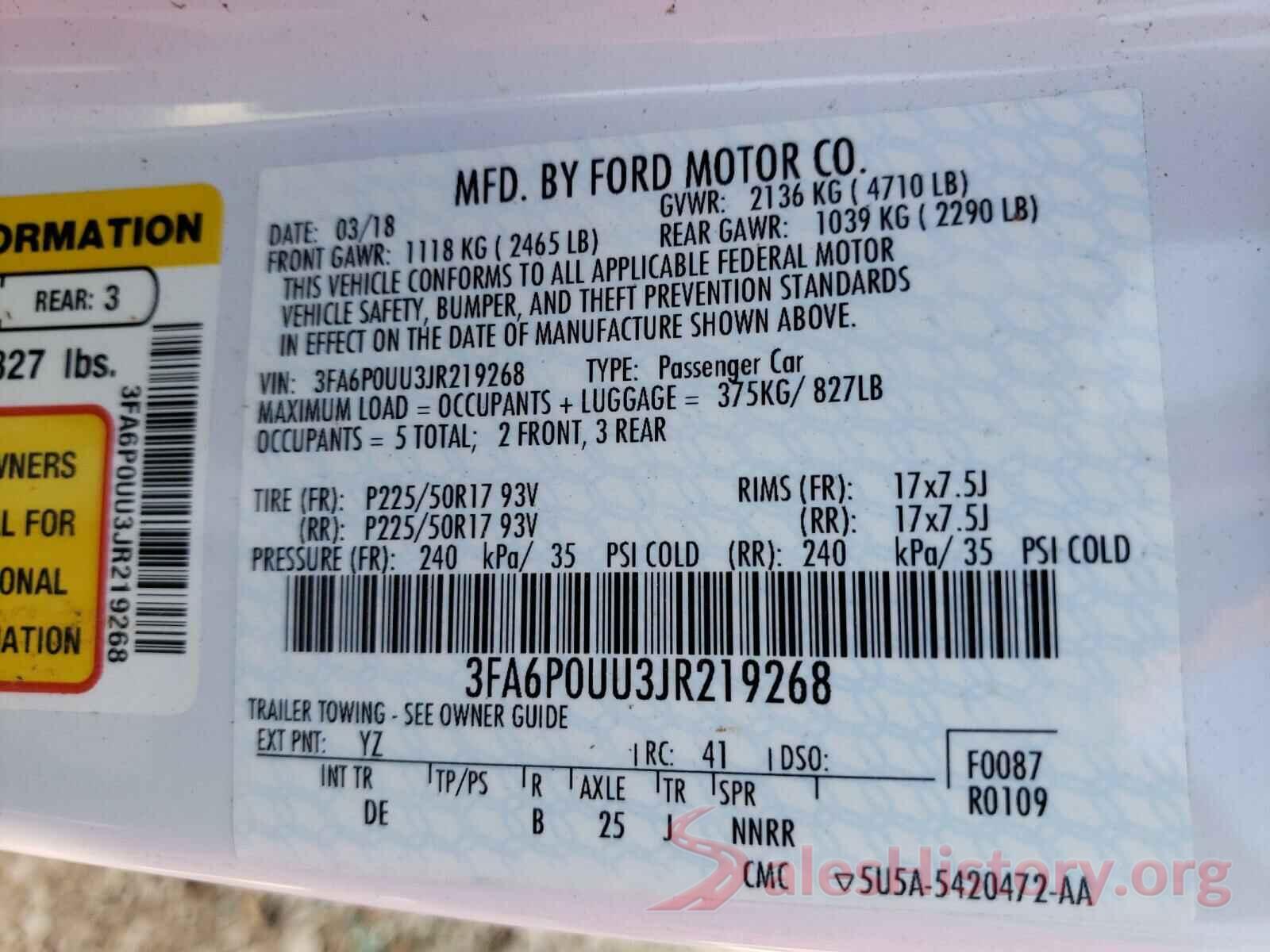 3FA6P0UU3JR219268 2018 FORD FUSION