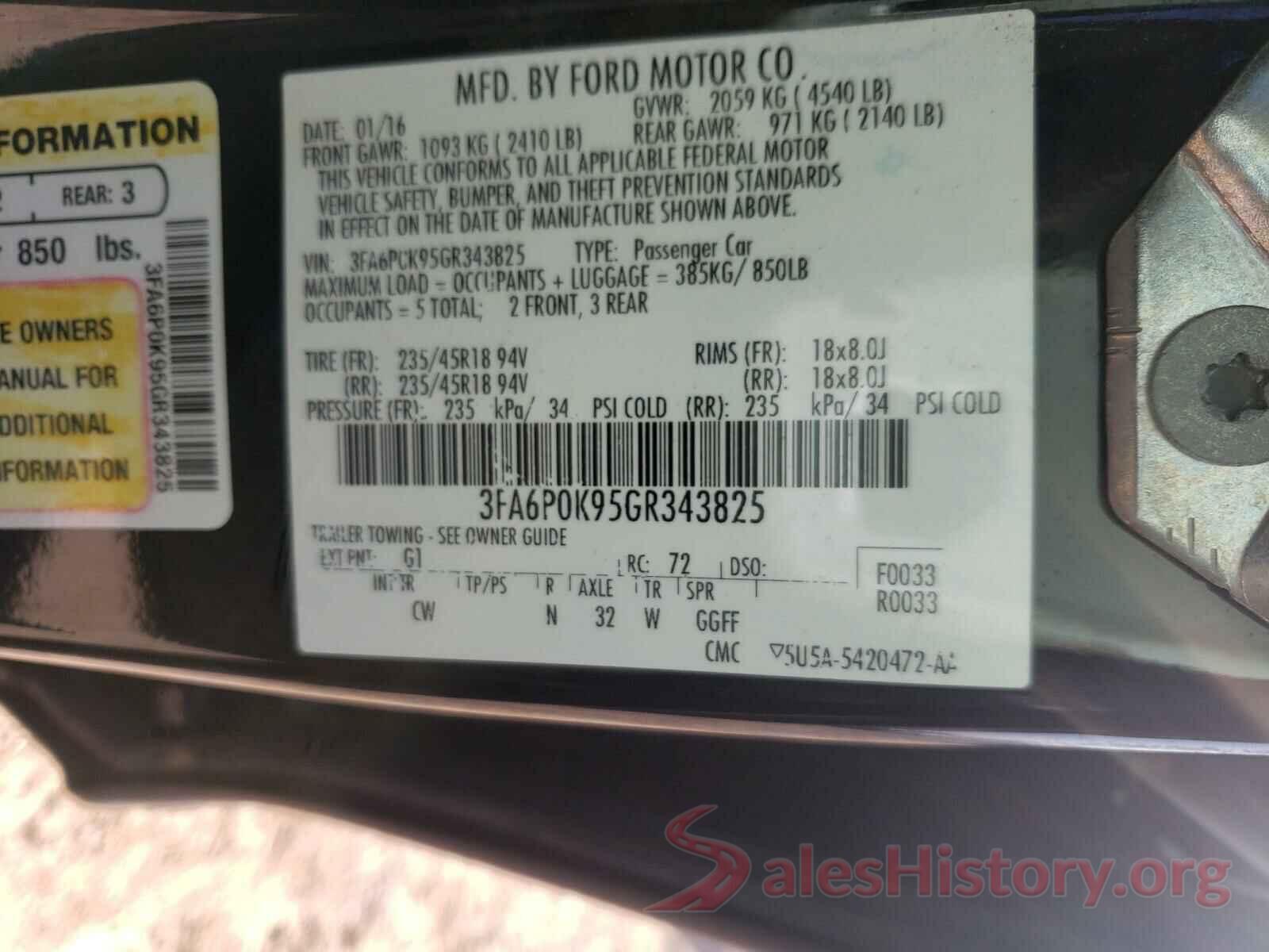 3FA6P0K95GR343825 2016 FORD FUSION