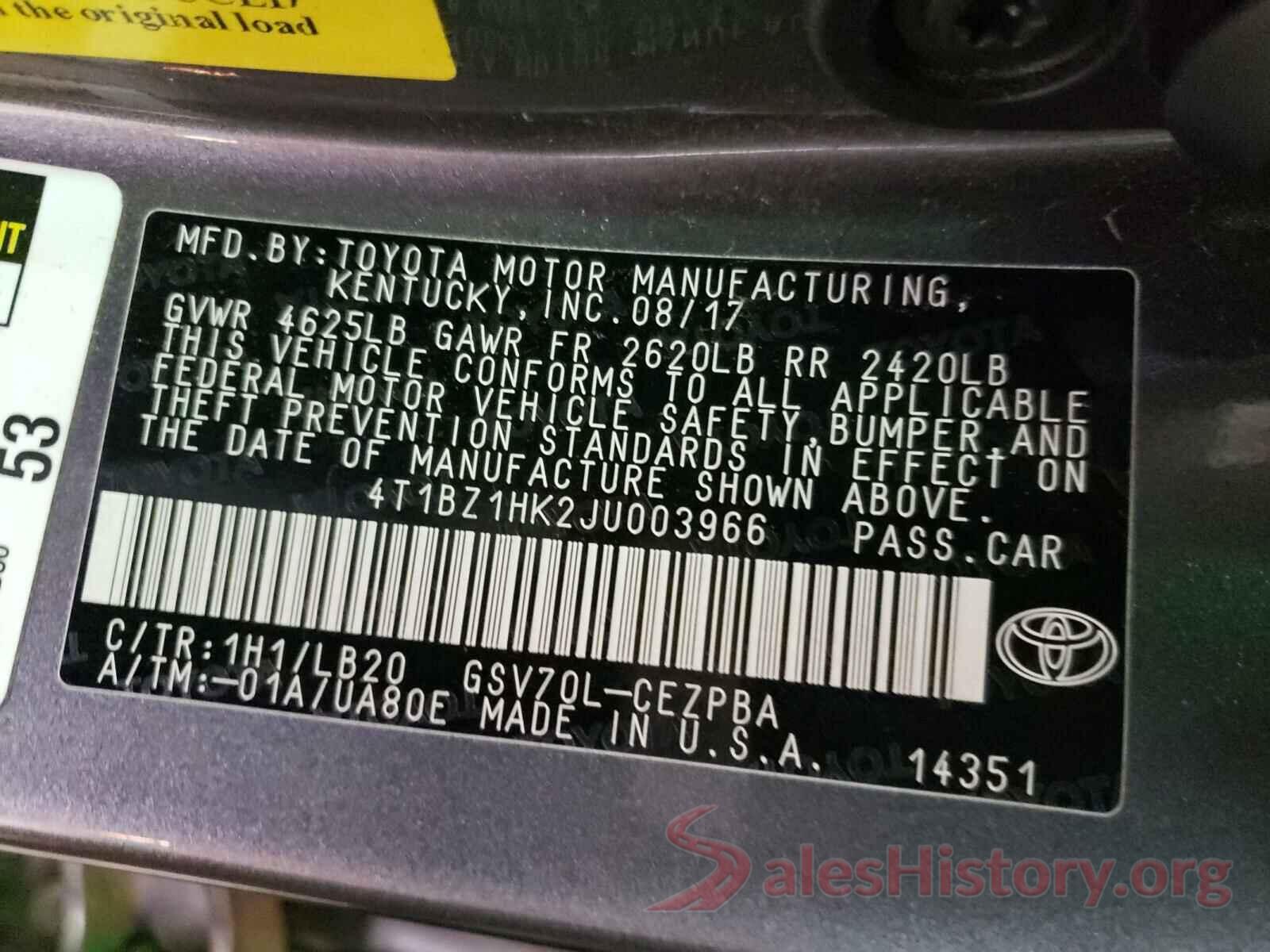 4T1BZ1HK2JU003966 2018 TOYOTA CAMRY