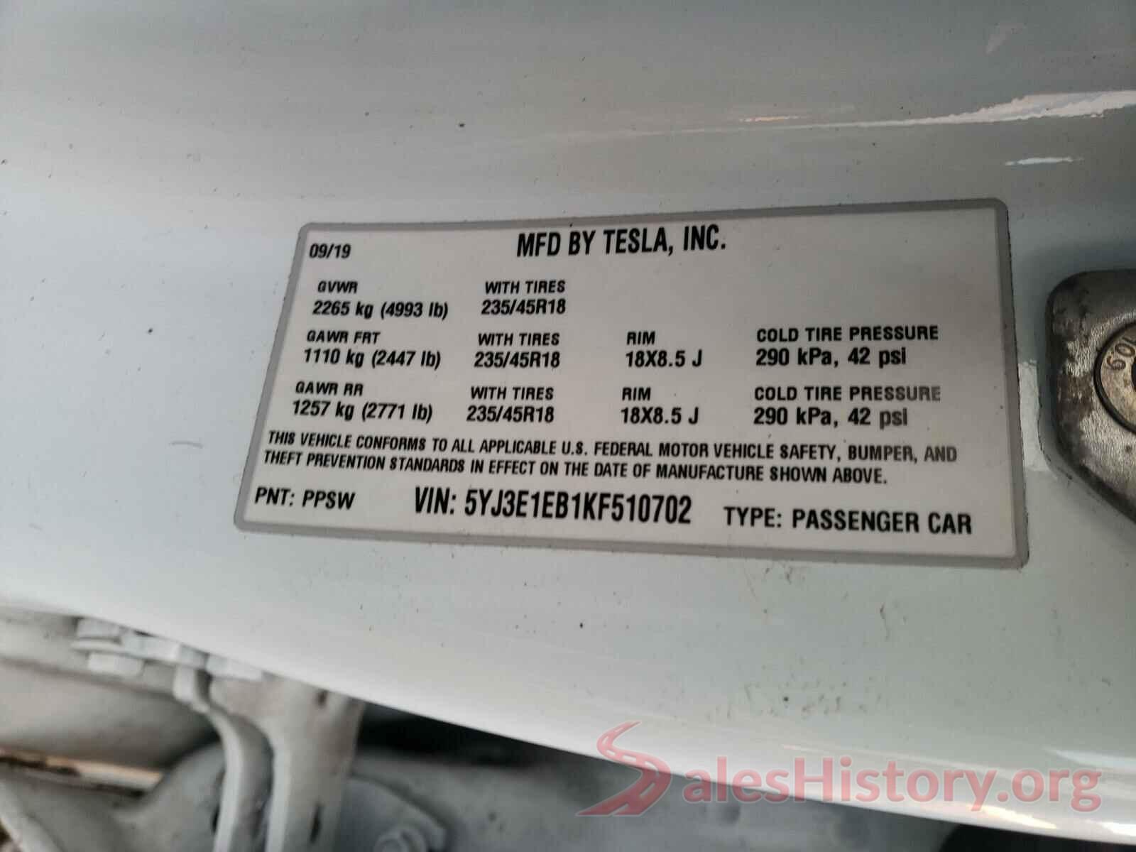 5YJ3E1EB1KF510702 2019 TESLA MODEL 3