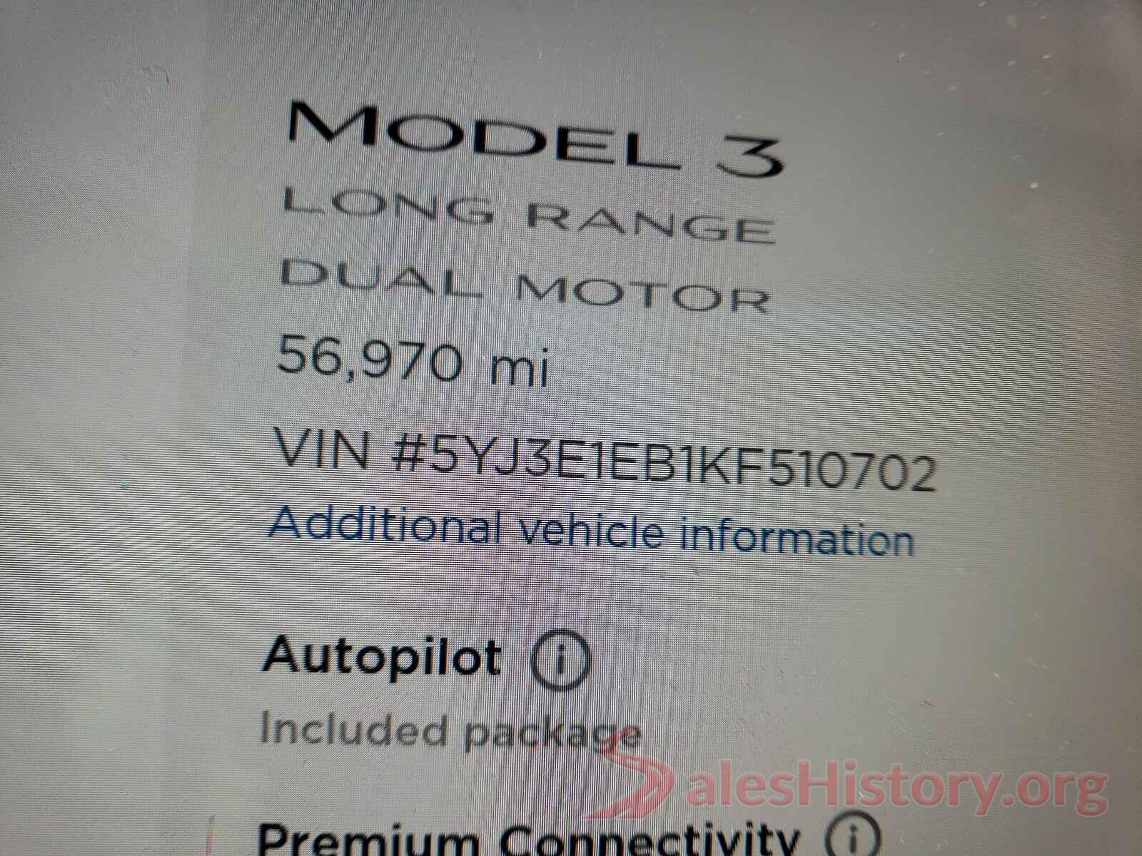 5YJ3E1EB1KF510702 2019 TESLA MODEL 3