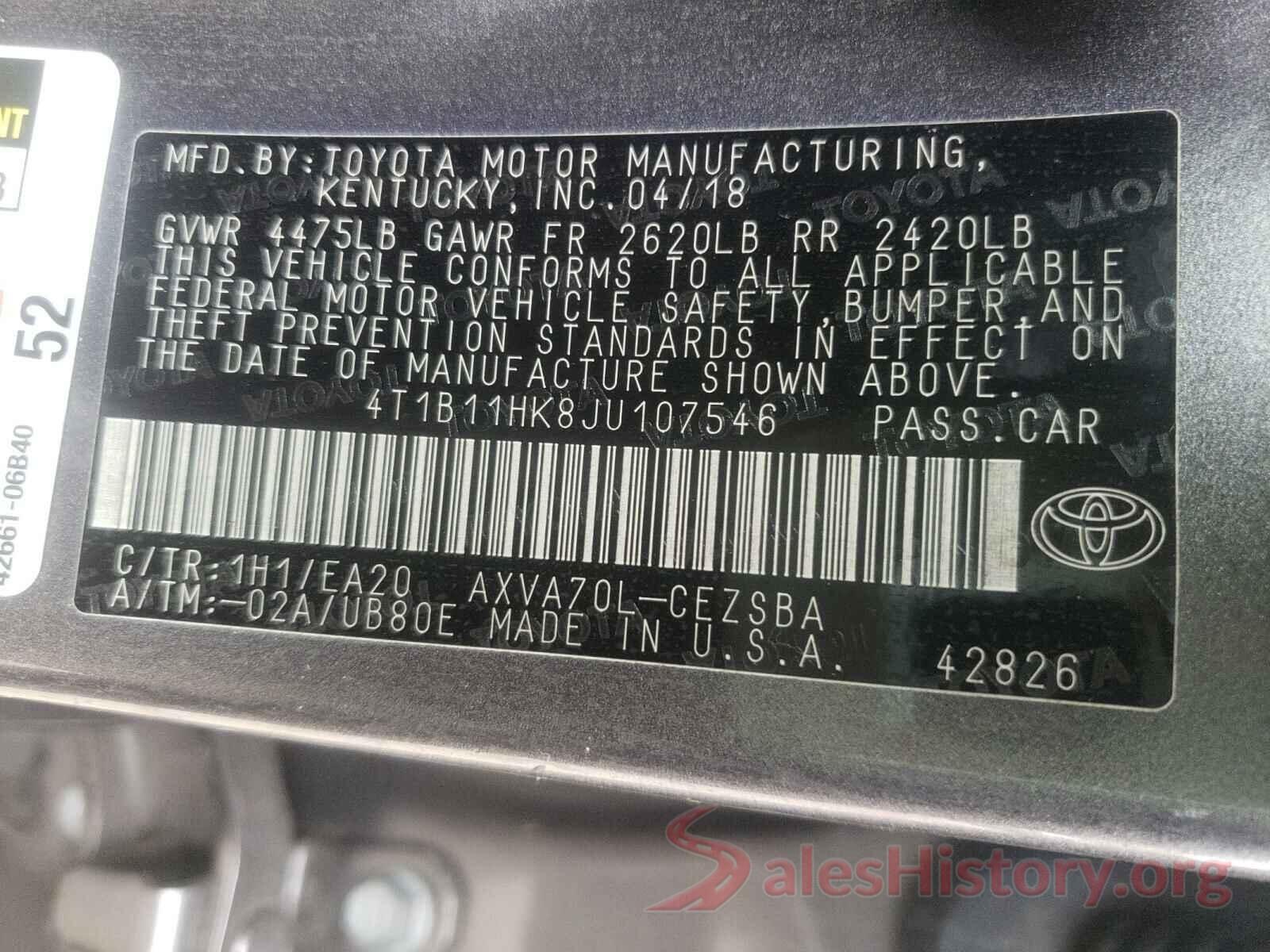 4T1B11HK8JU107546 2018 TOYOTA CAMRY