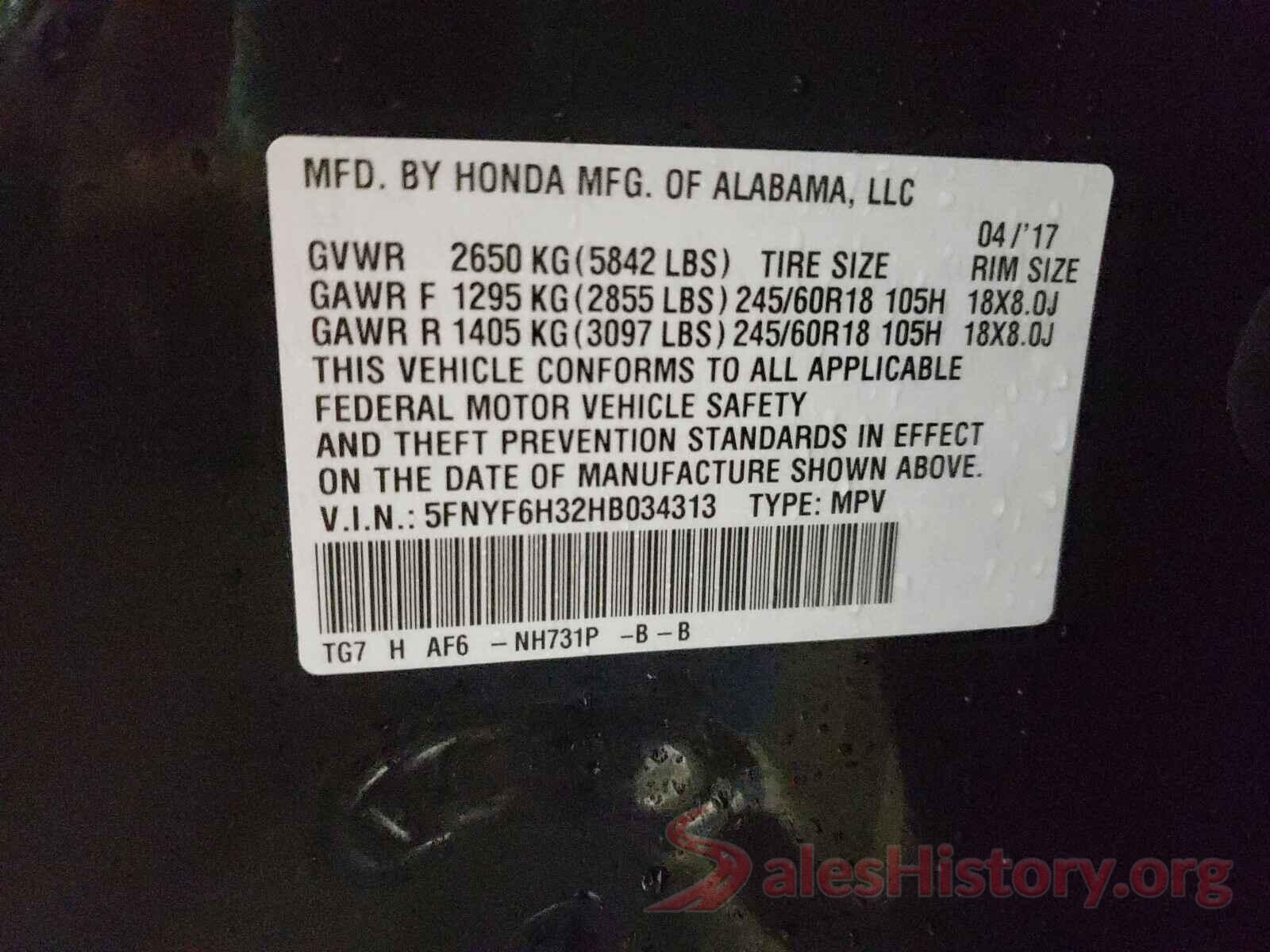 5FNYF6H32HB034313 2017 HONDA PILOT