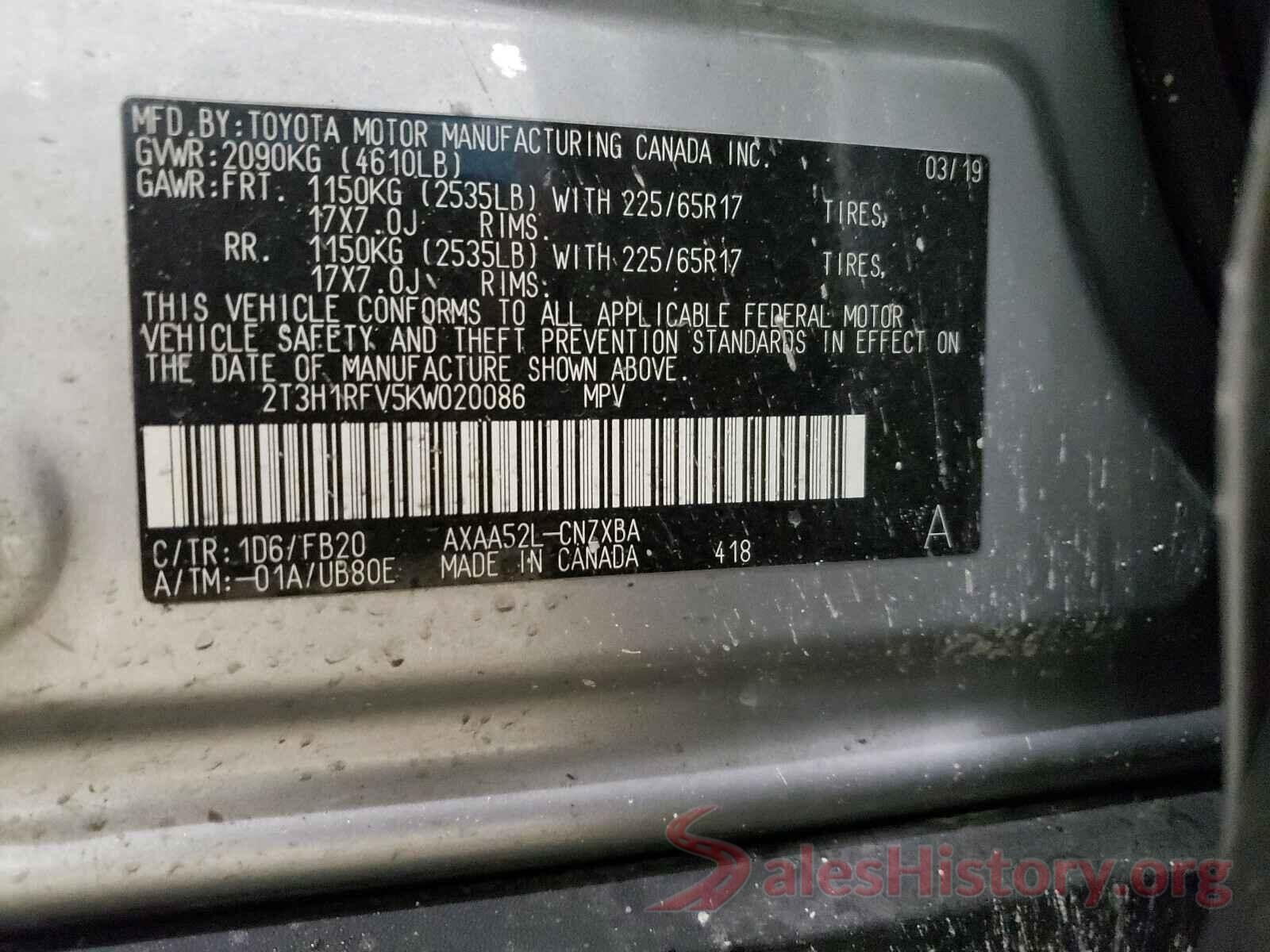 2T3H1RFV5KW020086 2019 TOYOTA RAV4