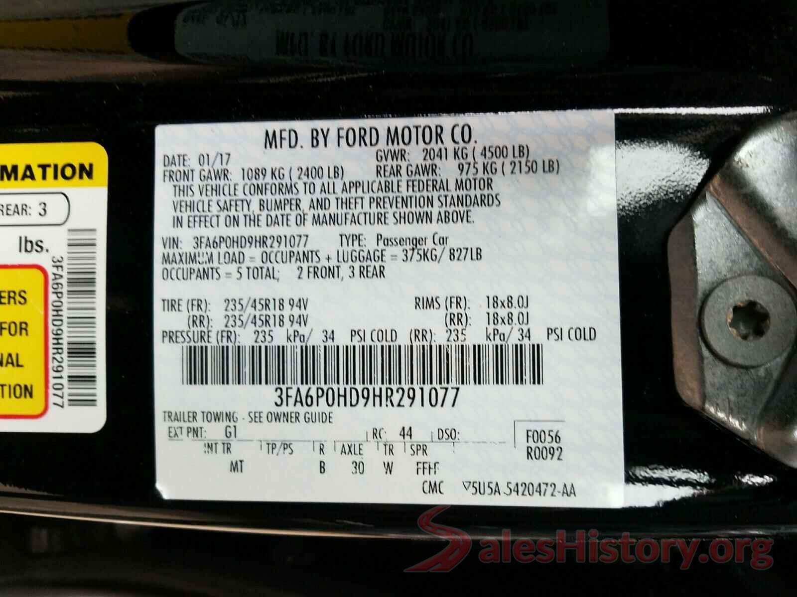 3FA6P0HD9HR291077 2017 FORD FUSION