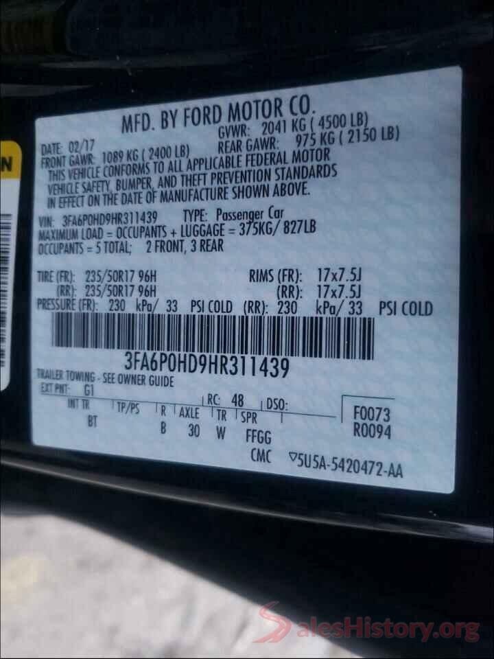 3FA6P0HD9HR311439 2017 FORD FUSION