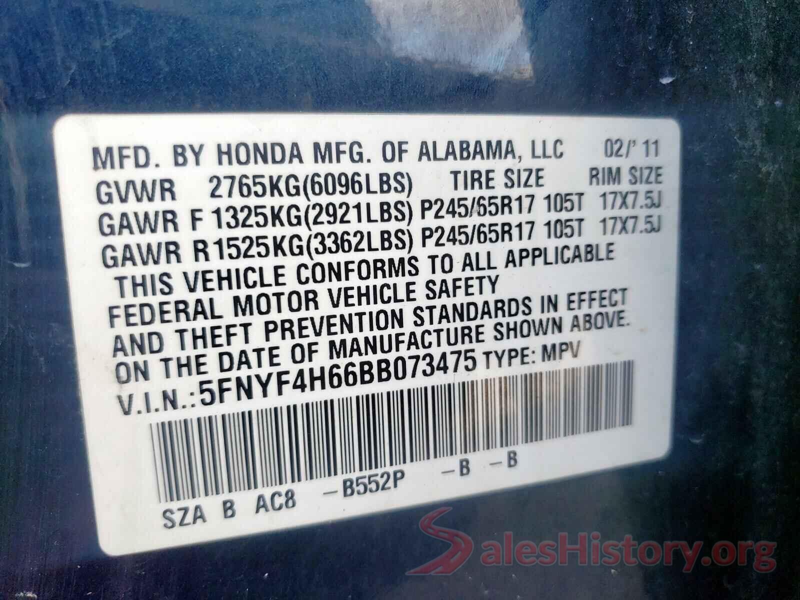 2T2ZZMCA8HC062977 2011 HONDA PILOT